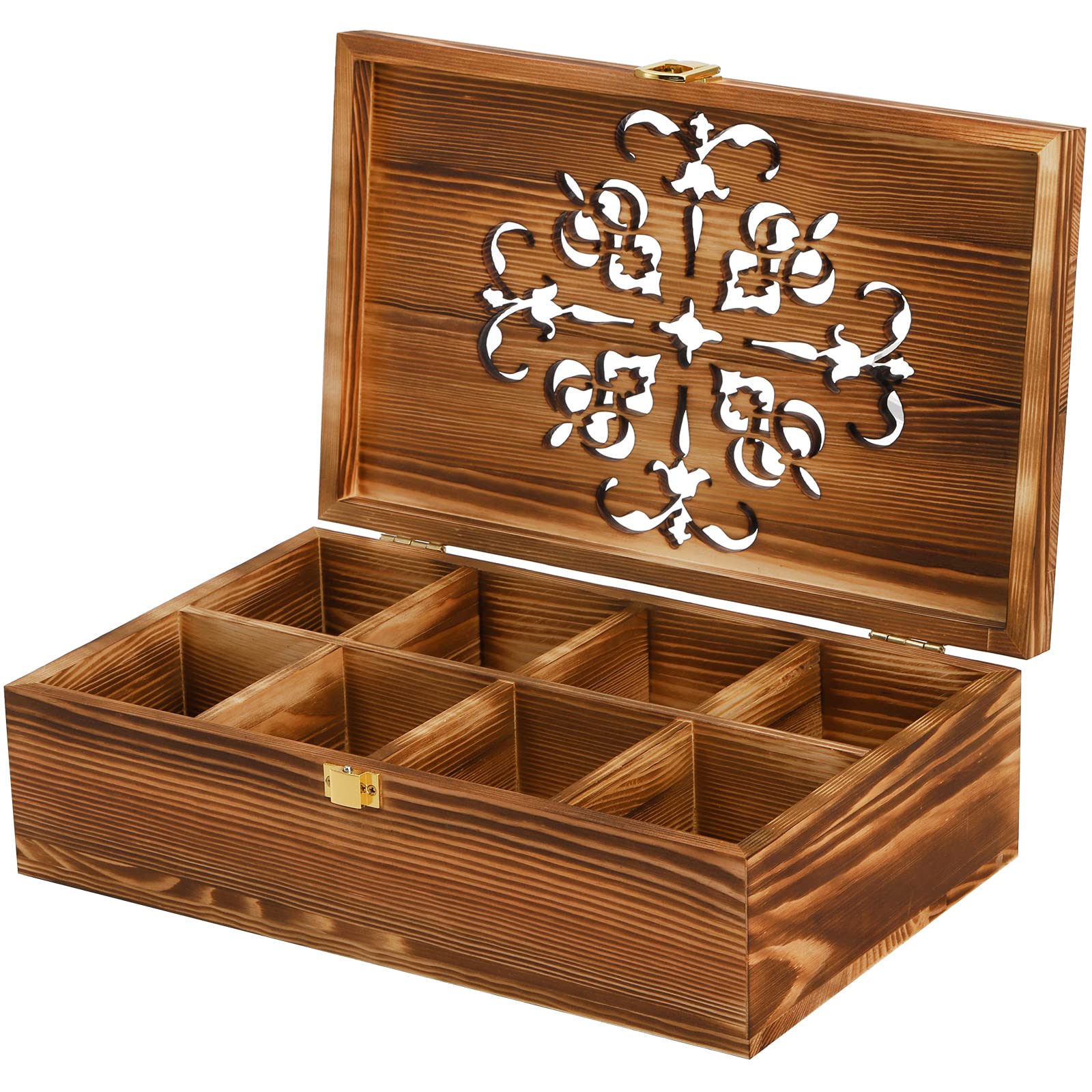 Coloch Wooden Tea Bag Storage Box with Carved Lid, 8-Compartment Tea Chest Organizer Spice Packets Container for Living Room, Kitchen, Gift for Office, Home Decor