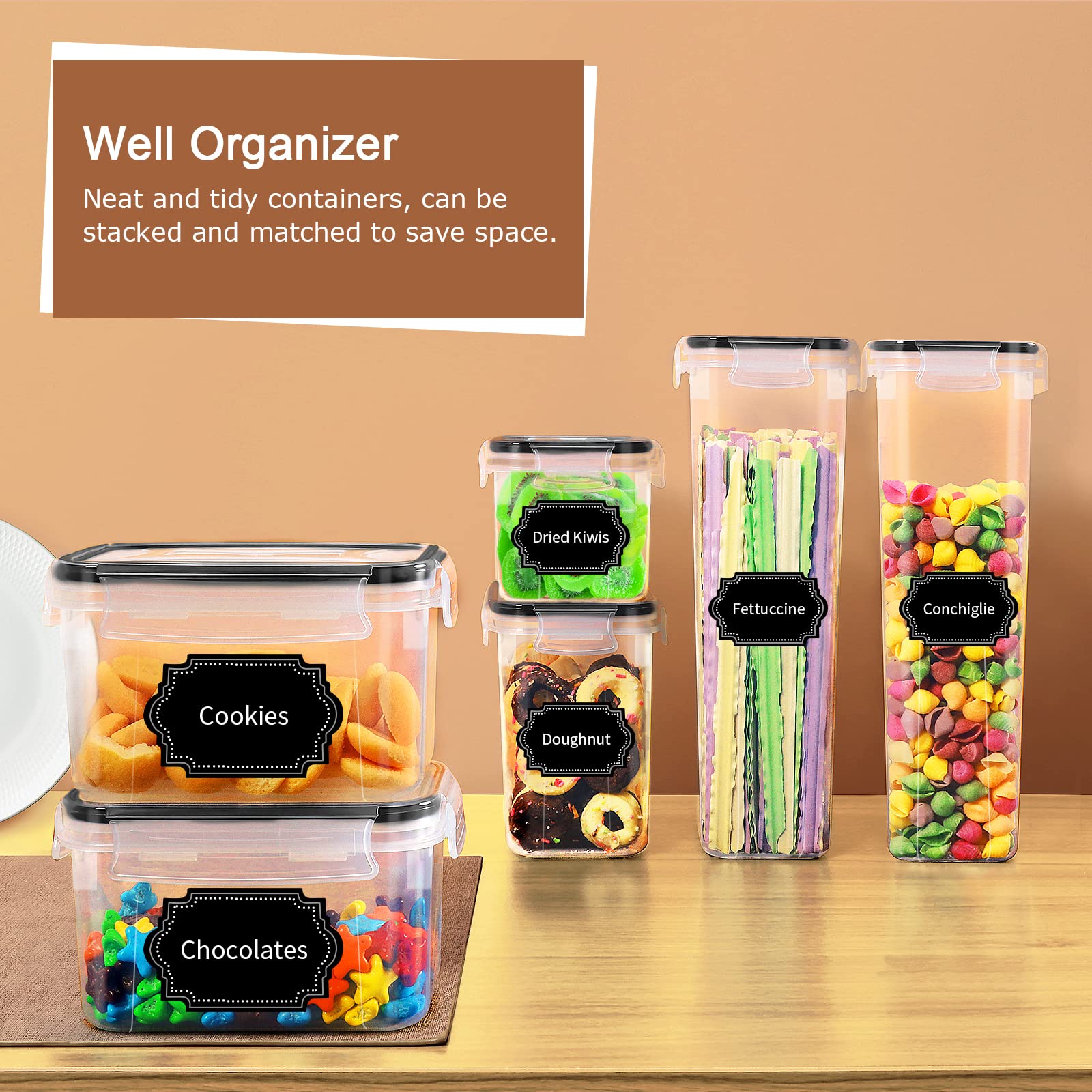 PRAKI Airtight Food Storage Container Set with Lids, 16 Pcs Plastic Dry Food Canisters for Kitchen Pantry Organizers and Storage, Ideal for Cereal, Flour & Sugar - Labels, Marker(Black)