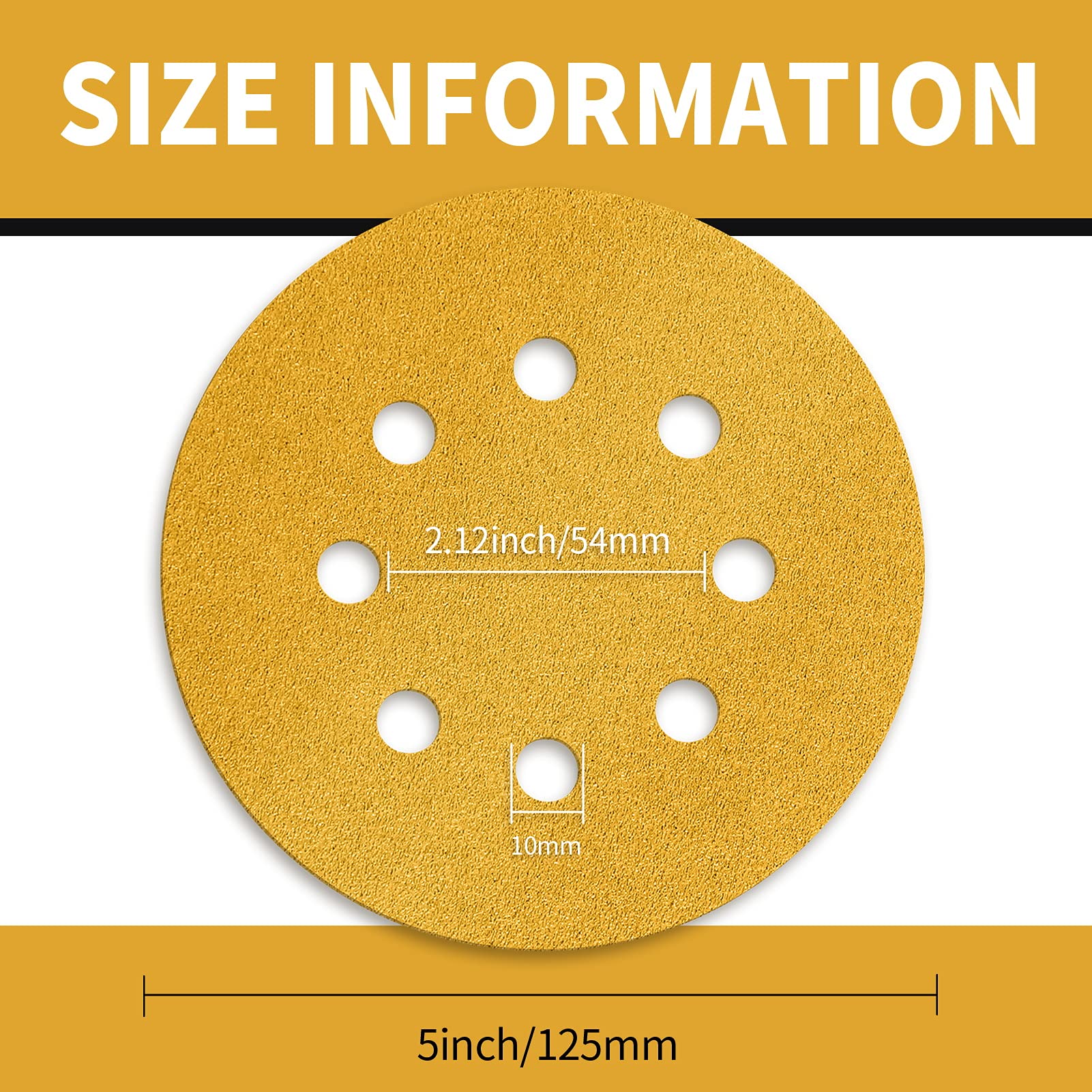 Keeimp 100 Pcs 5-Inch 8-Hole Hook and Loop Sanding Discs, 60/80/120/220/320 Assorted Grits Gold Sandpaper for Woodworking or Automotive 5 Inch Sanding Discs Gold Random Orbital Sander