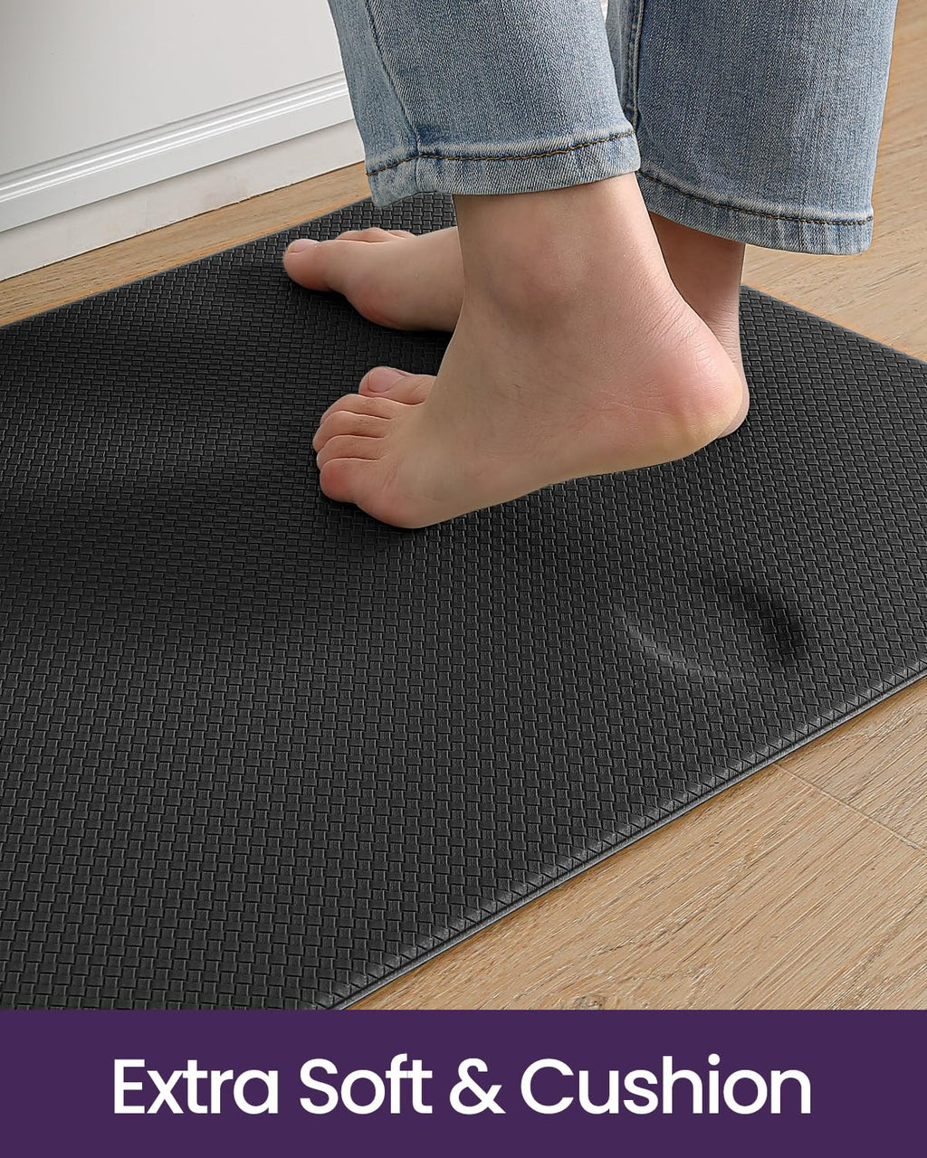 DEXI Kitchen Rug Anti Fatigue Mats for Floor, 17x59 Non Skid Cushioned Comfort Standing Desk Waterproof Runner, Black