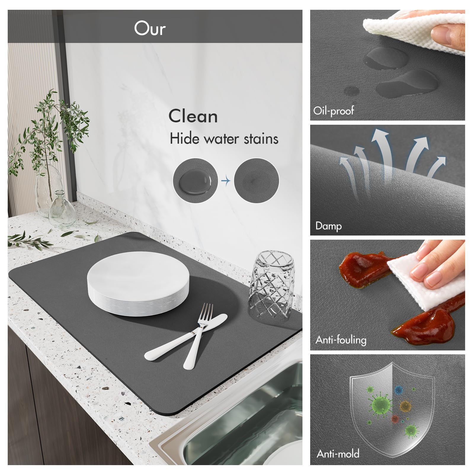 Drying Mat for Kitchen Countertops, Coffee Mat Hide Stain Rubber Backed Absorbent Dish Drying Mat