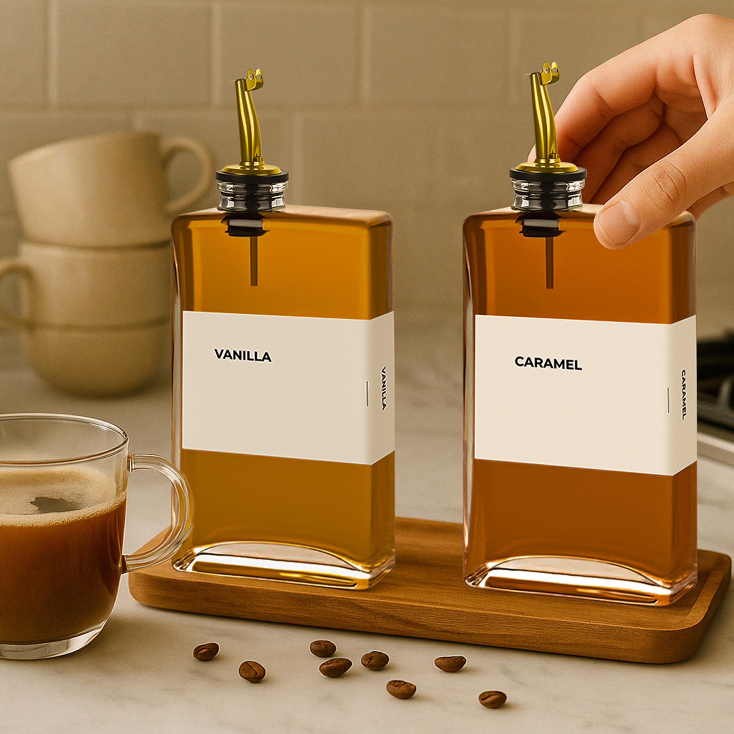 Spaceneat Olive Oil Dispenser Bottle – Includes 48 Kitchen Essential Labels – Cooking Oil Bottles for Kitchen, Coffee Syrup Dispenser – Pourer Spout with 350 mL Glass Container Cruet – 2pcs, Gold