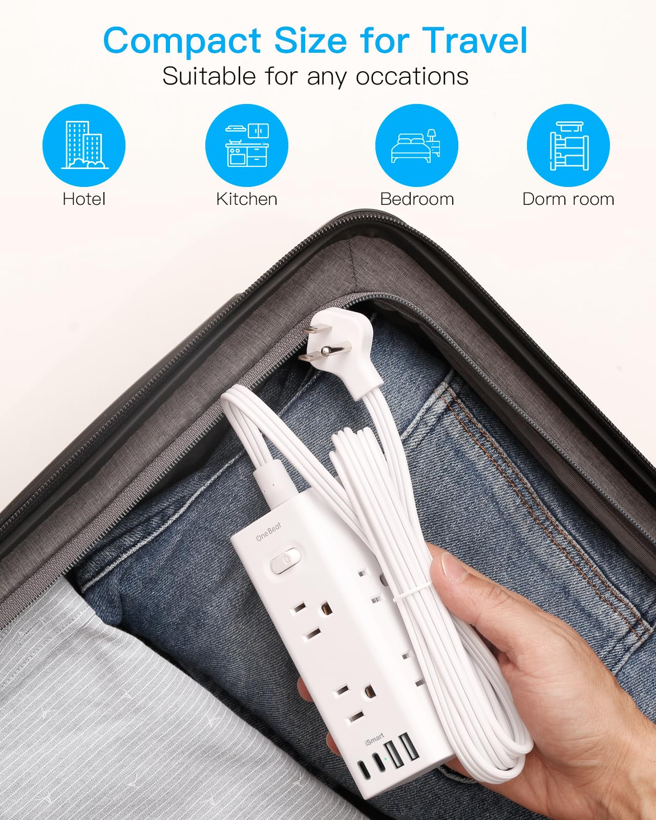 10FT Extension Cord Indoor, Power Bars with Surge Protector, Flat Plug Long Cord 6 Outlet 4 USB Ports (2 USB C) for Home, College, Dorm Room Essentials