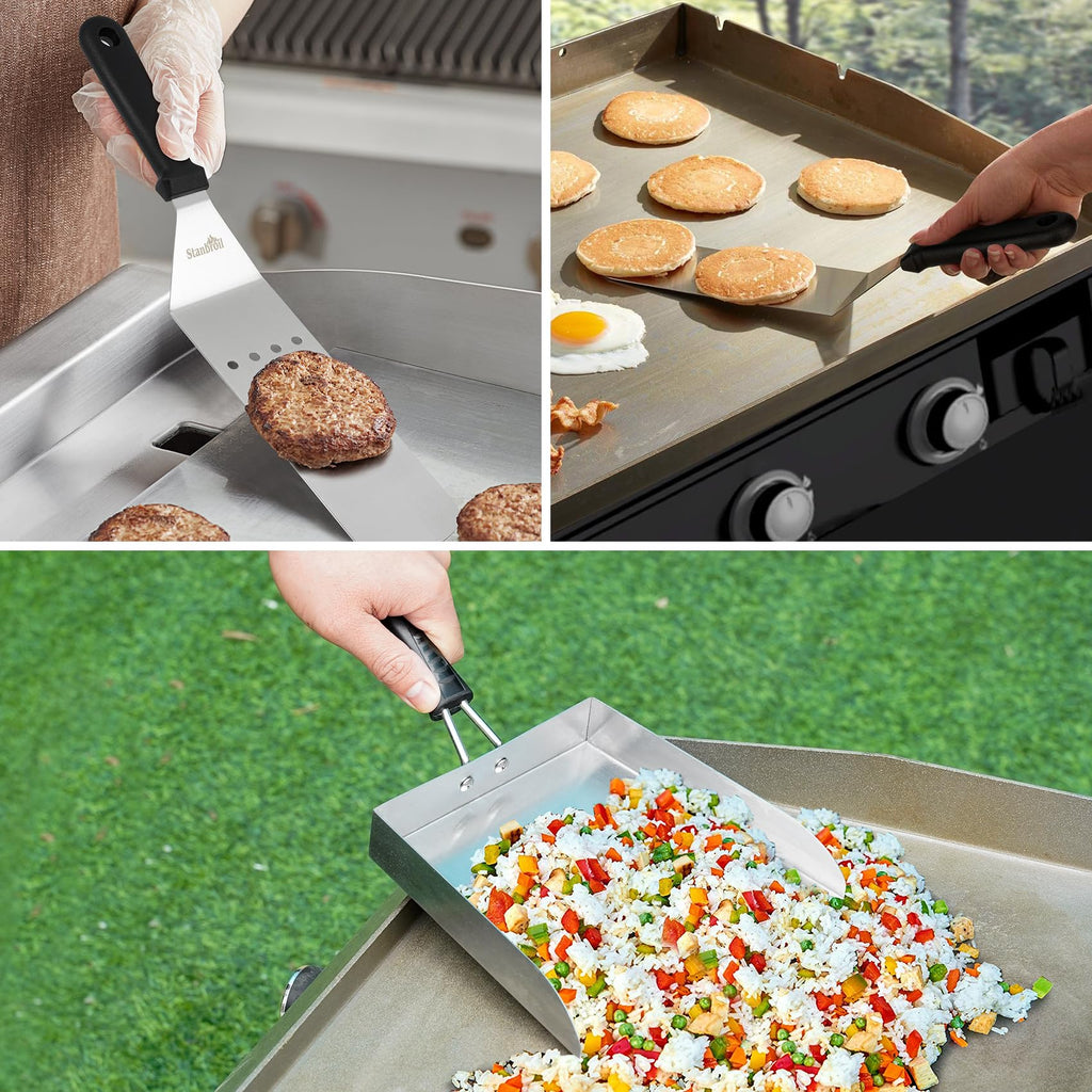 Stanbroil Stainless Steel Griddle Spatula Set for Outdoor Grill, 3 PCS Flat Top Grill Accessories, Includes Large Griddle Scoop, Perforated Spatula, Smash Burger Spatula