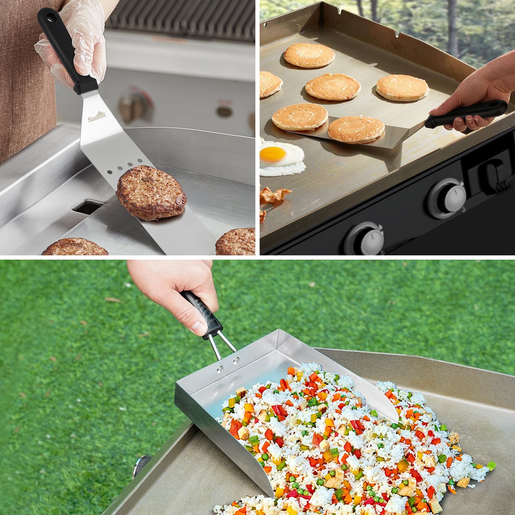 Stanbroil Stainless Steel Griddle Spatula Set for Outdoor Grill, 3 PCS Flat Top Grill Accessories, Includes Large Griddle Scoop, Perforated Spatula, Smash Burger Spatula