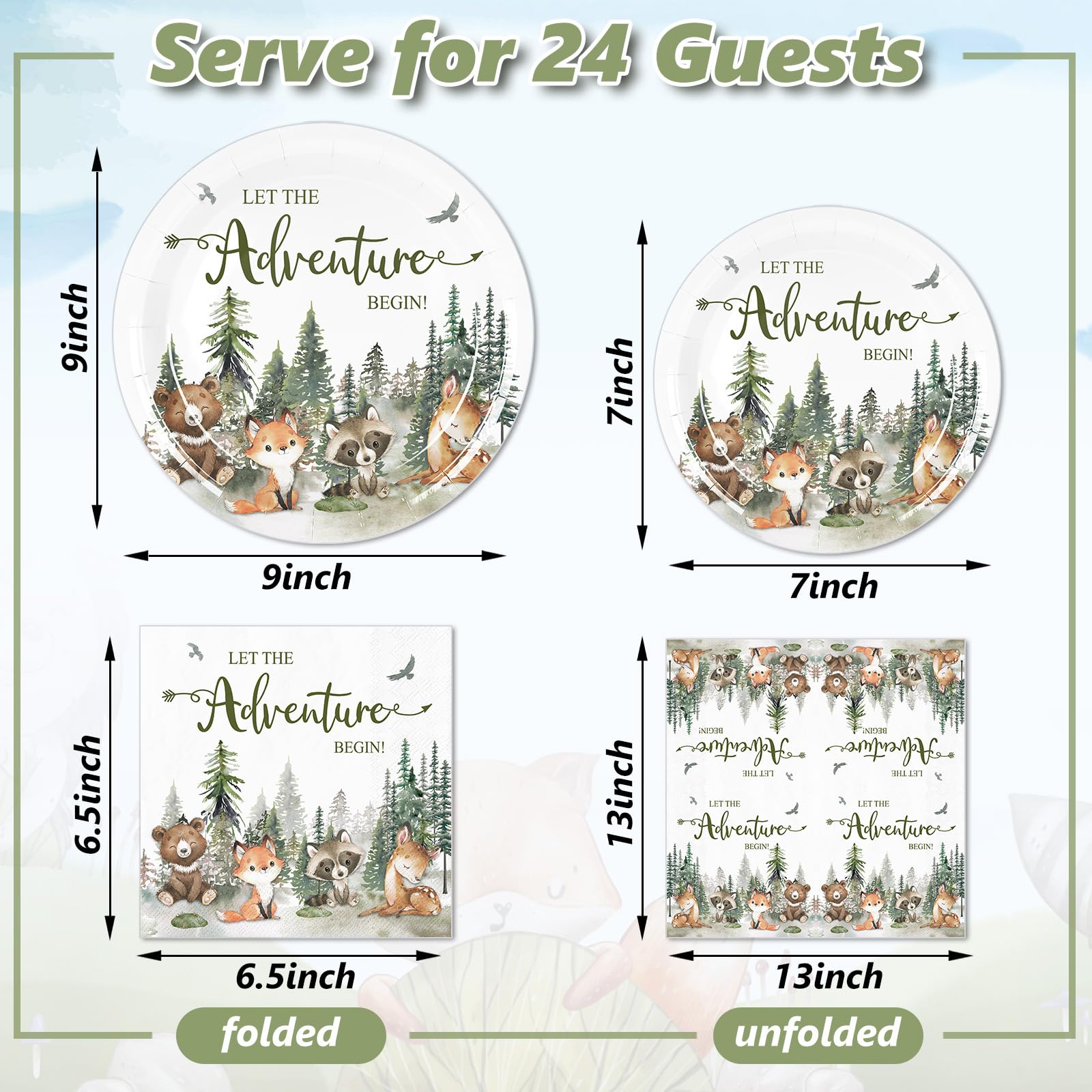 Whaline 72Pcs Adventure Awaits Party Supplies - Baby Shower Plates & Napkins - Woodland Animals Pattern - Disposable Tableware - 24 Guests - Paper Material - Casual Nature-Inspired Style