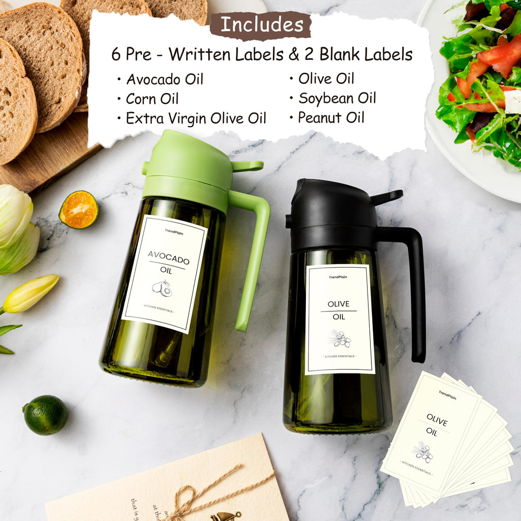 TrendPlain 470ml Olive Oil Dispenser Bottle for Kitchen Gadgets - 2 in 1 Dispenser and Sprayer - Olive Oil Spray Bottle w/Stickers (Light Blockage) - BPA Free - Black&Navy