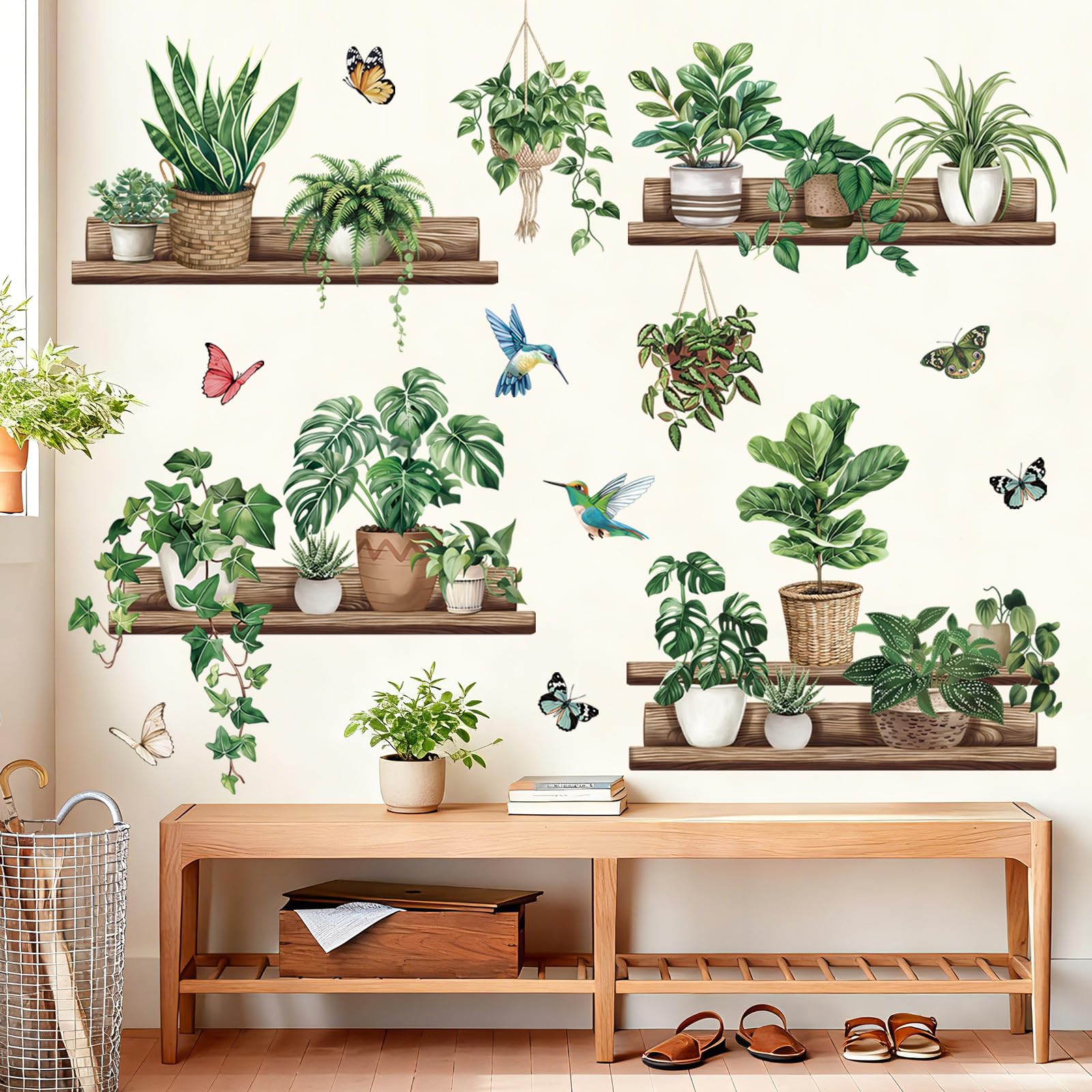 wondever Green Pot Plants Wall Stickers Leaves Potted Plant Butterfly Bird Peel and Stick Wall Art Decals for Living Room Bedroom Tv Background Wall Decor