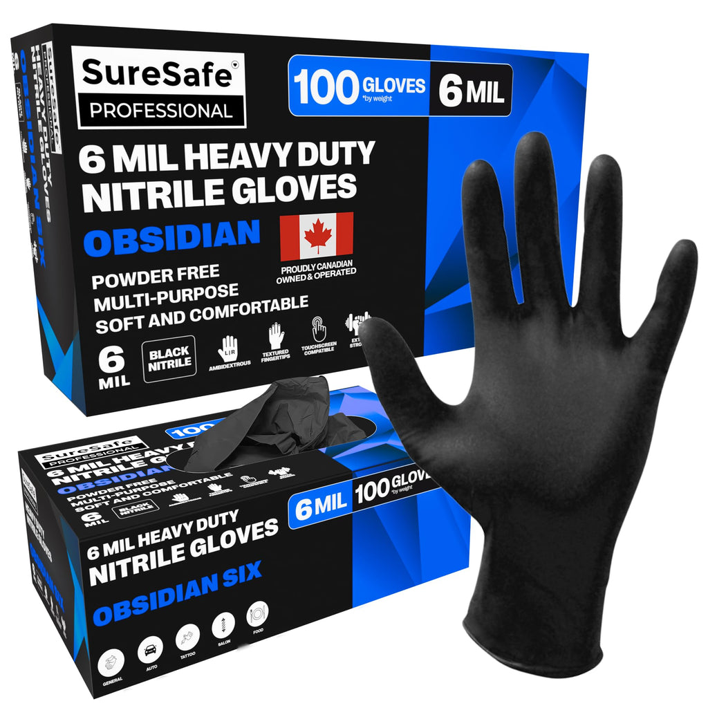 [100 Pack] SURESAFE 6 Mil Black Nitrile Gloves Large, Heavy Duty Mechanics Gloves Men, Powder & Latex Free, Texture Fingertips, For Work, Mechanics, Food Prep, Cooking, Tattoo, Butcher