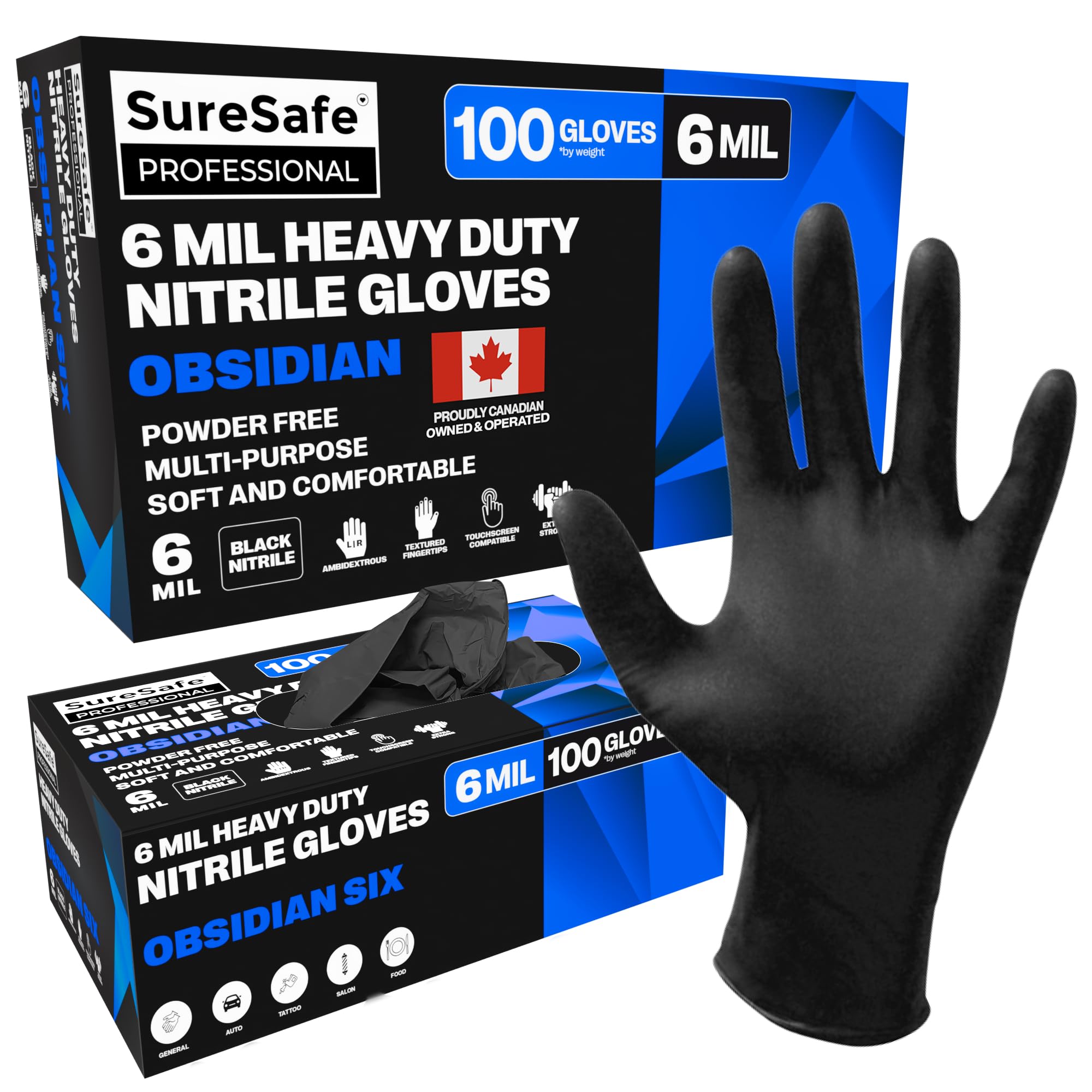 [100 Pack] SURESAFE 6 Mil Black Nitrile Gloves Large, Heavy Duty Mechanics Gloves Men, Powder & Latex Free, Texture Fingertips, For Work, Mechanics, Food Prep, Cooking, Tattoo, Butcher
