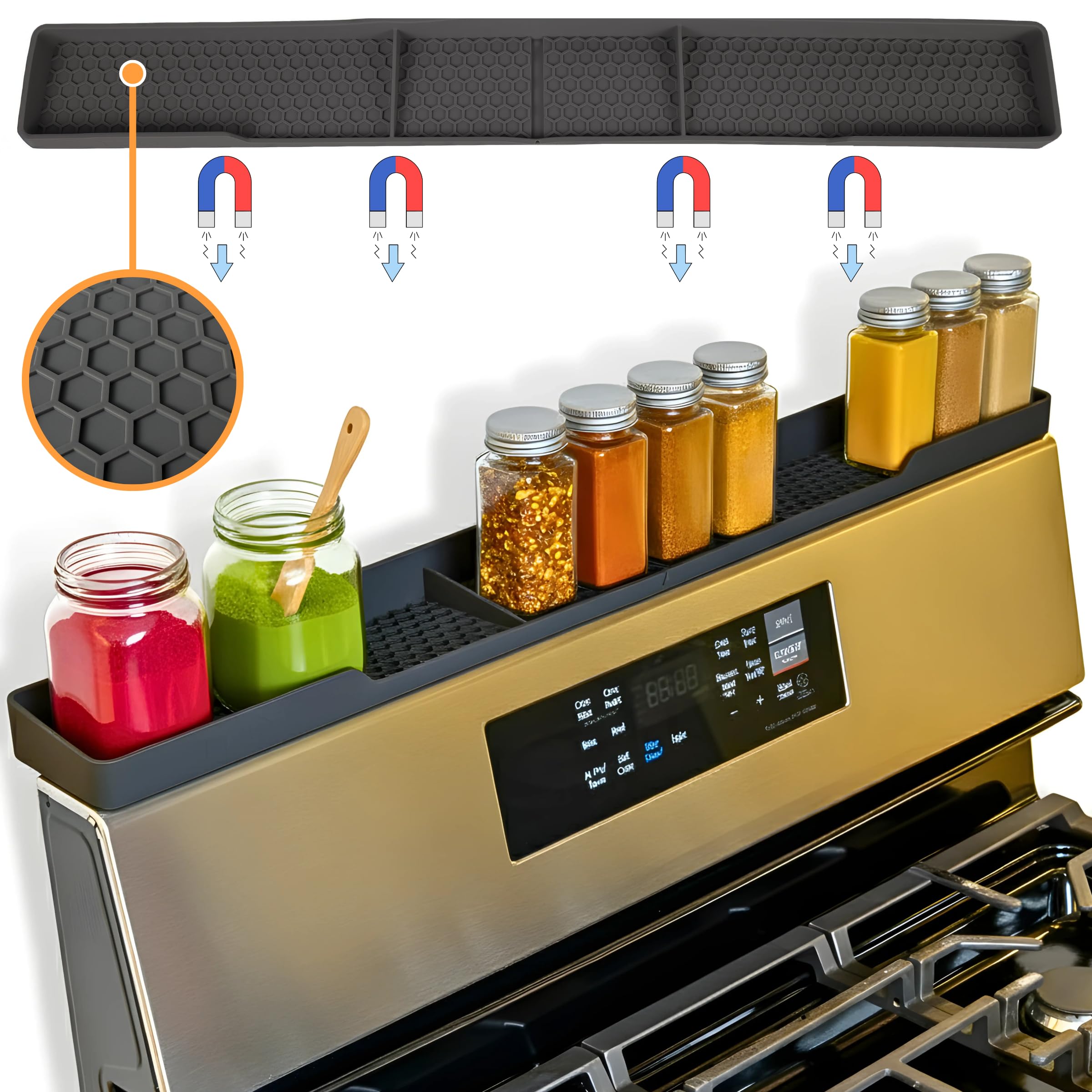 TEO Magnetic Stove Top Shelf - 30 Inch Silicone Over the Stove Spice Rack for Kitchen Gadgets Storage Organization, Heat-Resistant, No Installation, Dishwasher Safe, Over Oven Shelf Black