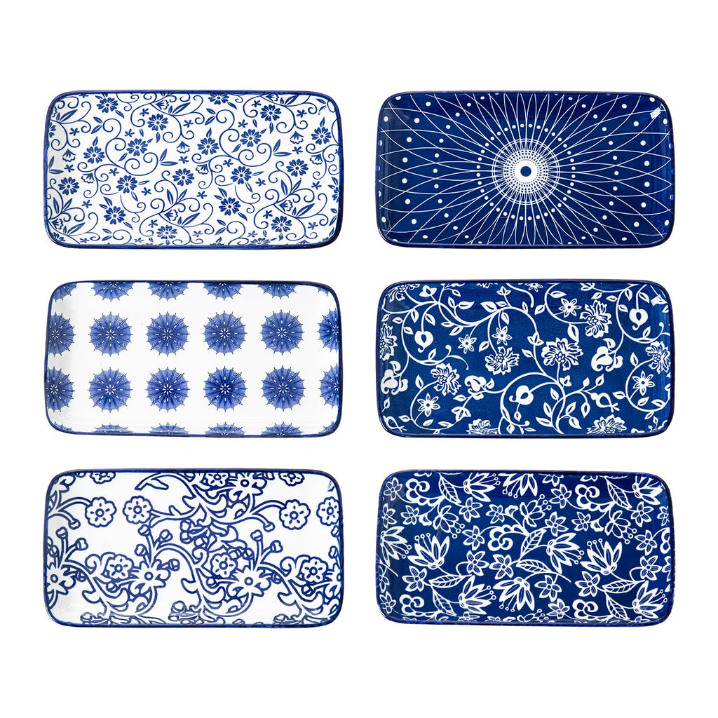 Cerkik Ceramic Rectangle Salad Plates Set - 8.1" x 4.5" Rectangular Serving Platter - Serving Trays for Sushi Dinner Dessert Pasta Appetizer - Oven Microwave Dishwasher Safe - Set of 6 - Vintage Blue