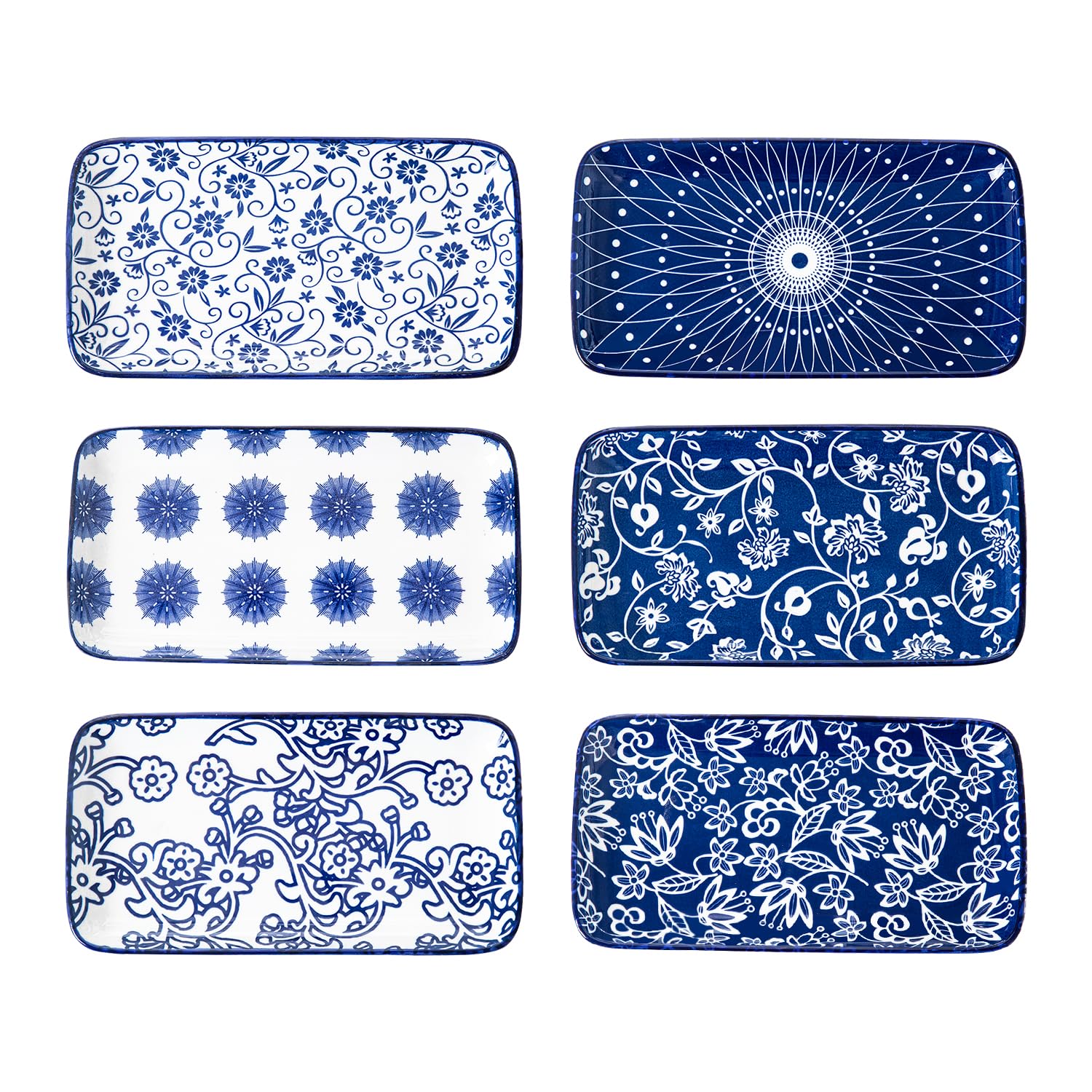 Cerkik Ceramic Rectangle Salad Plates Set - 8.1" x 4.5" Rectangular Serving Platter - Serving Trays for Sushi Dinner Dessert Pasta Appetizer - Oven Microwave Dishwasher Safe - Set of 6 - Vintage Blue