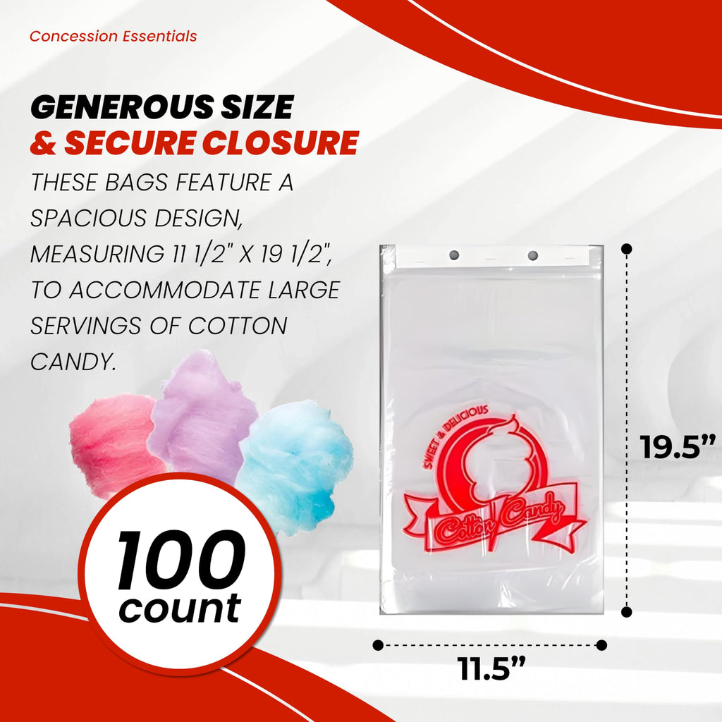 Concession Essentials Cotton Candy Bags-100 Cotton Candy Bags with Twist Ties, 0.5" Height, 18" Width, 12" Length (Pack of 100)