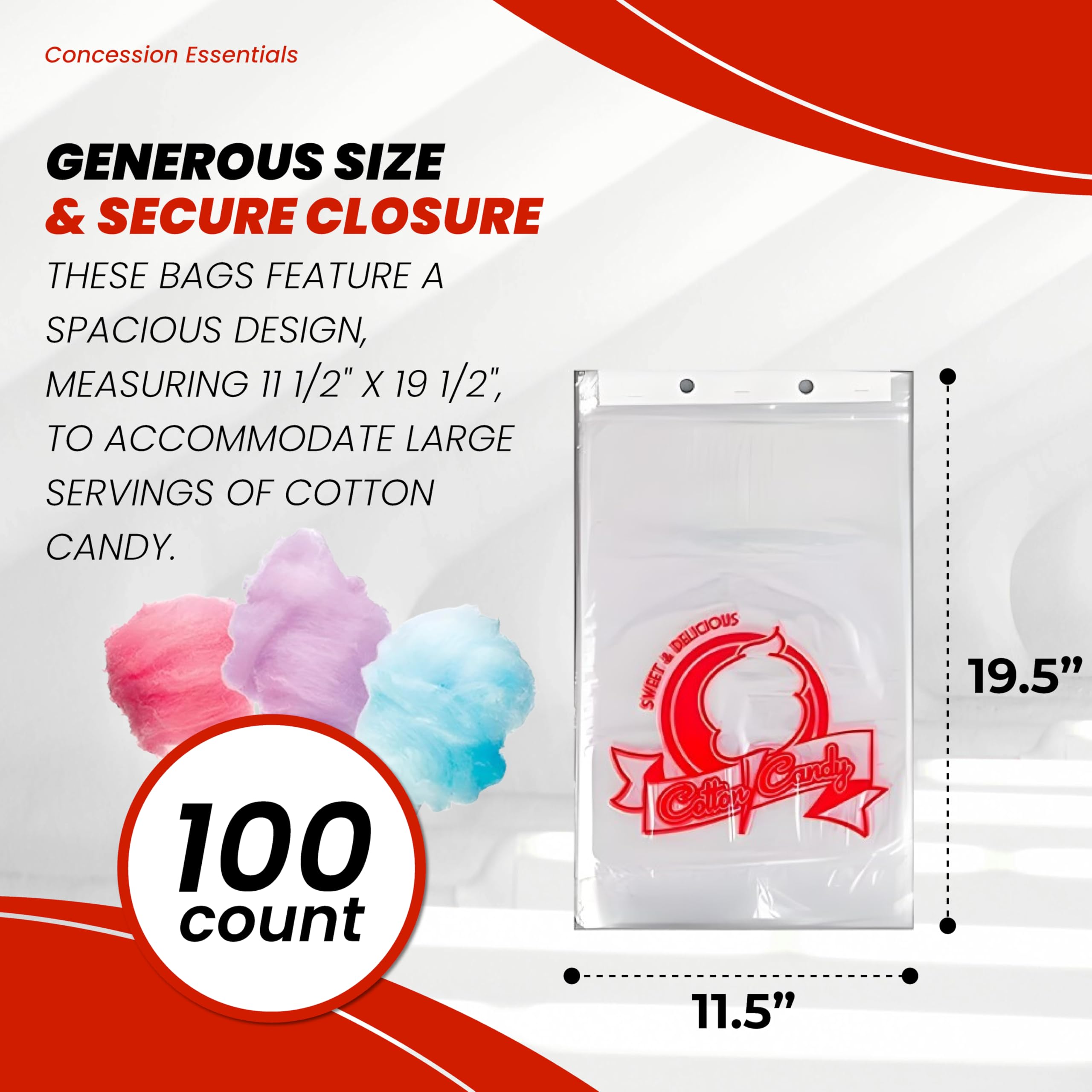 Concession Essentials Cotton Candy Bags-100 Cotton Candy Bags with Twist Ties, 0.5" Height, 18" Width, 12" Length (Pack of 100)