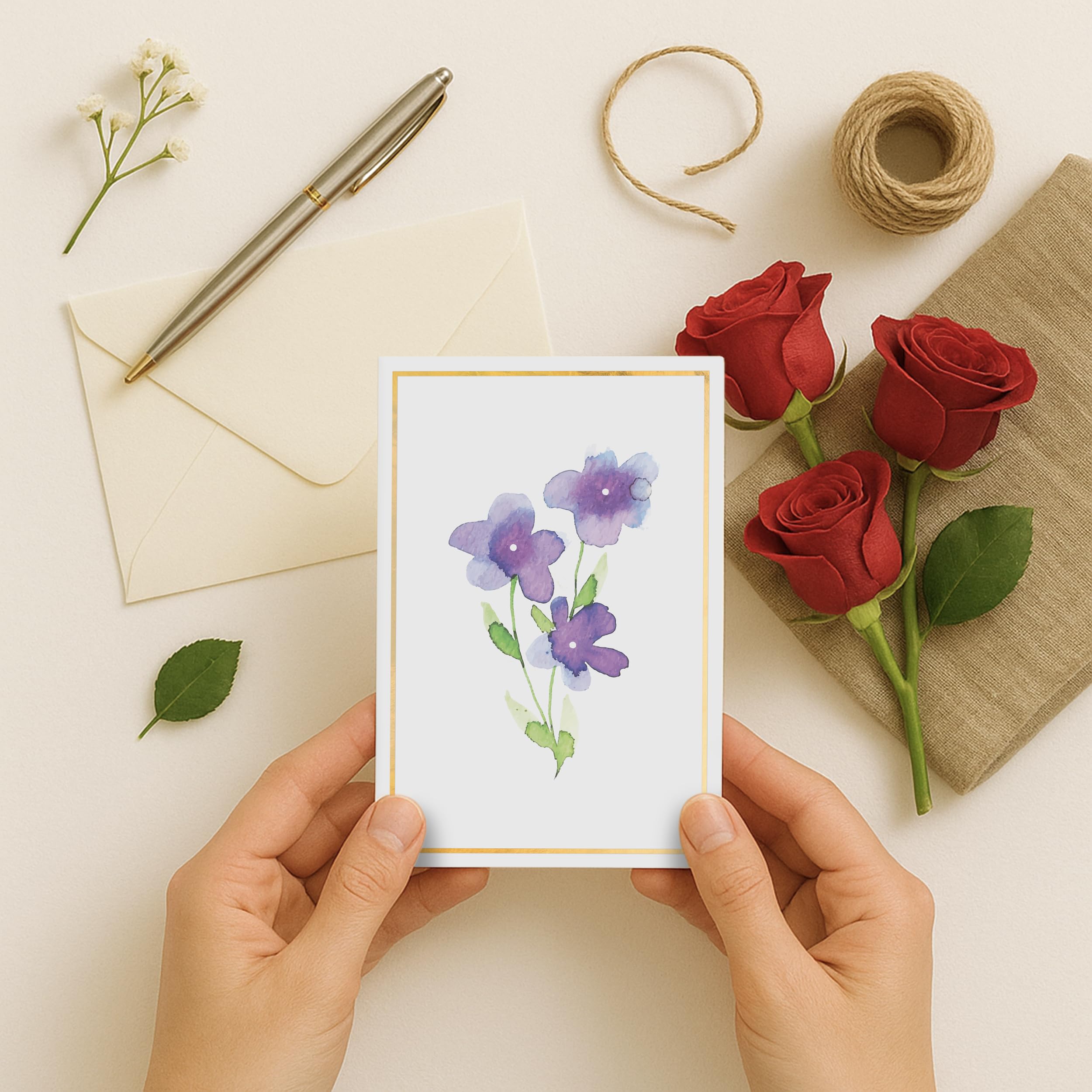 Only Zest 30 Blank Cards with Envelopes Set 4x6 Inch – Minimalistic Floral Design with Gold Border – Note Cards for Greetings, Thank You, Sympathy, Encouragement, Celebration, Personal Messages