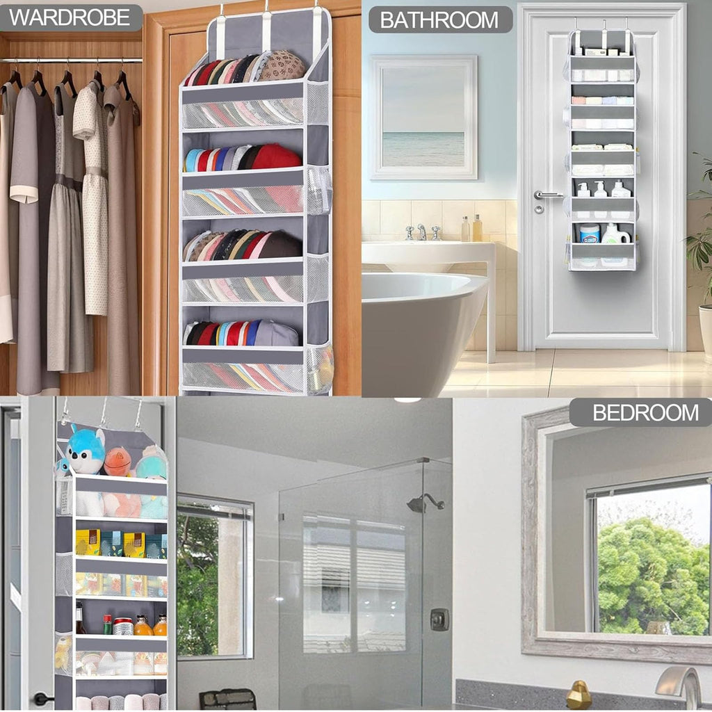 lazywoodpecker Over The Door Organizer Storage, Anti Tilt Hanging Door Organizer, with 5 Large Pockets 10 Mesh Side Pockets 44 lbs Weight Capacity, for Bathroom,Nursery (Grey, 5 Pockets)
