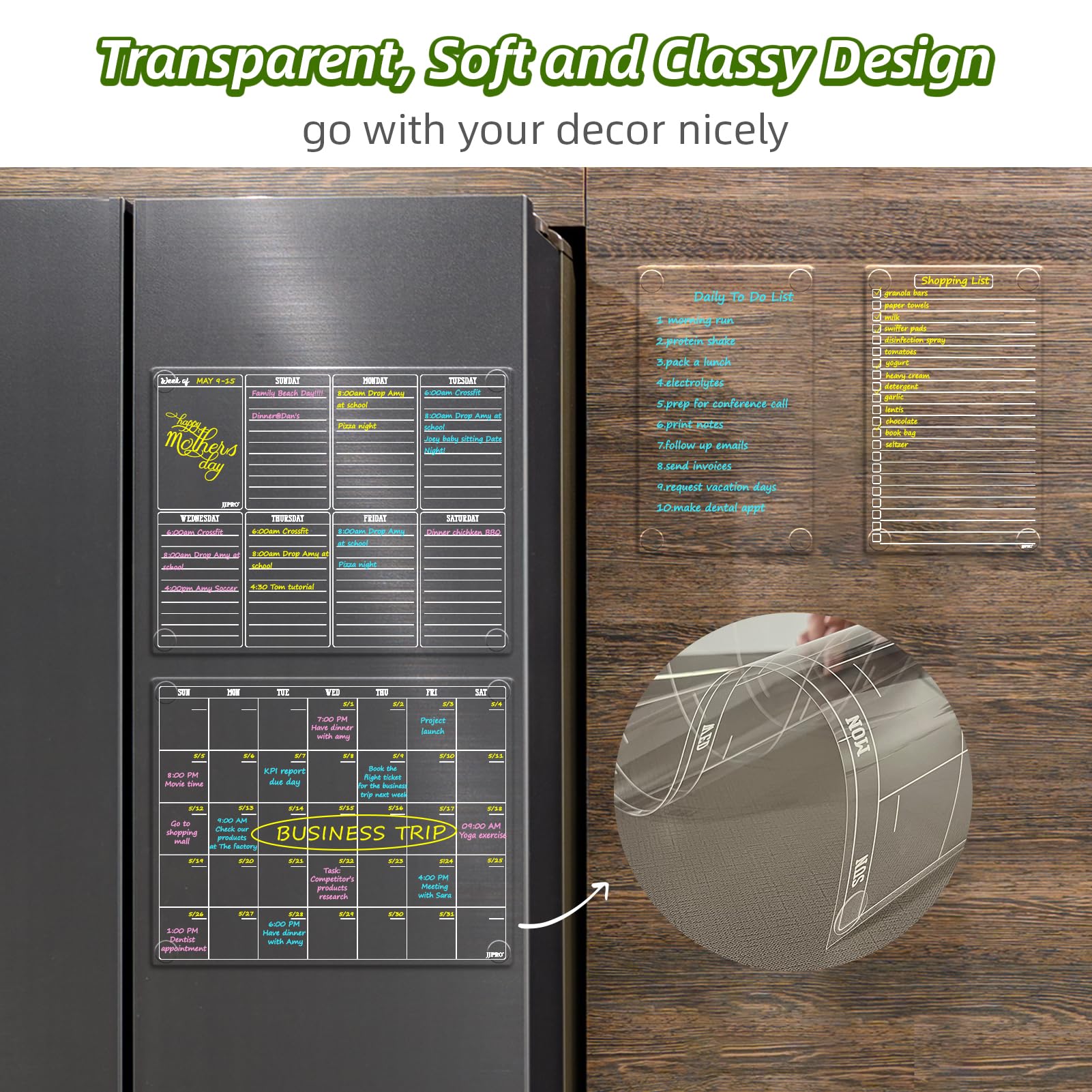 JJPRO Non Magnetic Dry Erase Calendar for Fridge-Reusable Monthly&Weekly Planning Board, List and Blank Board for All Smooth Surfaces. Clear Reusable Board Sticks to Fridge,Wall,Door&Glass