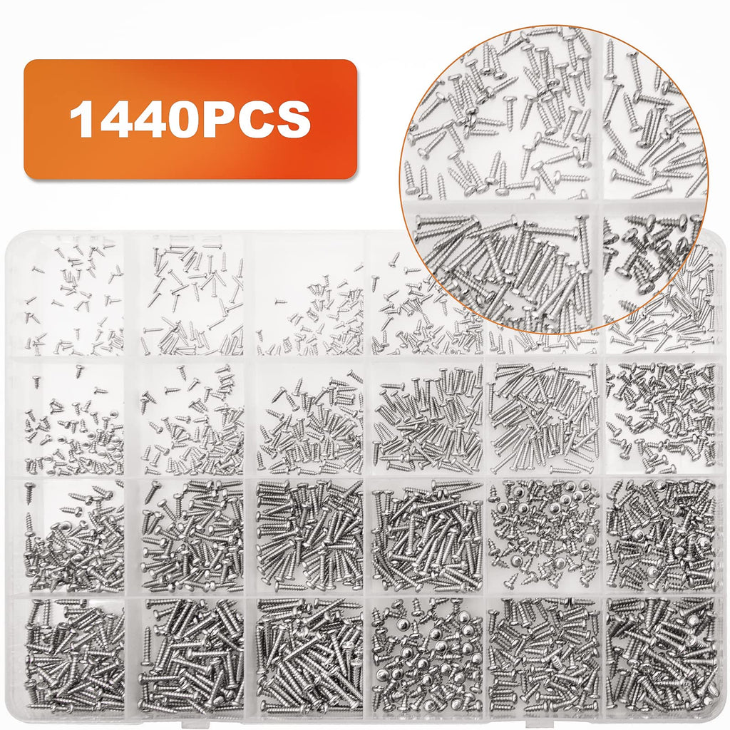 Zmbroll 1440Pcs Mini Self Tapping Screws - Phillip Pan Head Micro Electronic M1 M1.2 M1.4 M1.7 M2 M2.3 Silver 24 Size Assortment Kit