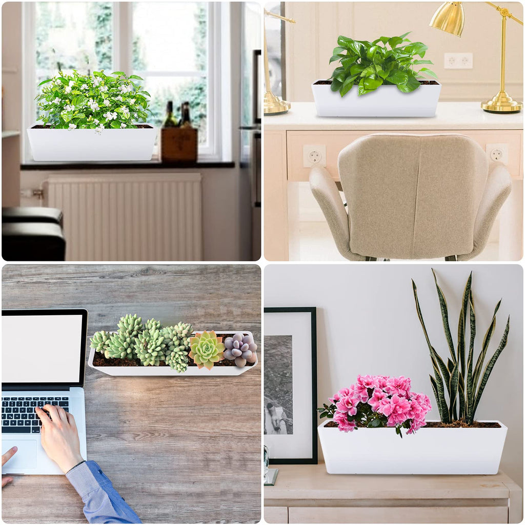 Large Window Boxes Planters, GREANER 1PCS 16x3.8 Inch White Vegetable Herb Planters with Tray, Indoor Succulent Cactus Flowers Plastic Rectangle Pot for Balcony, Office, Garden, Outdoor, Windowsill