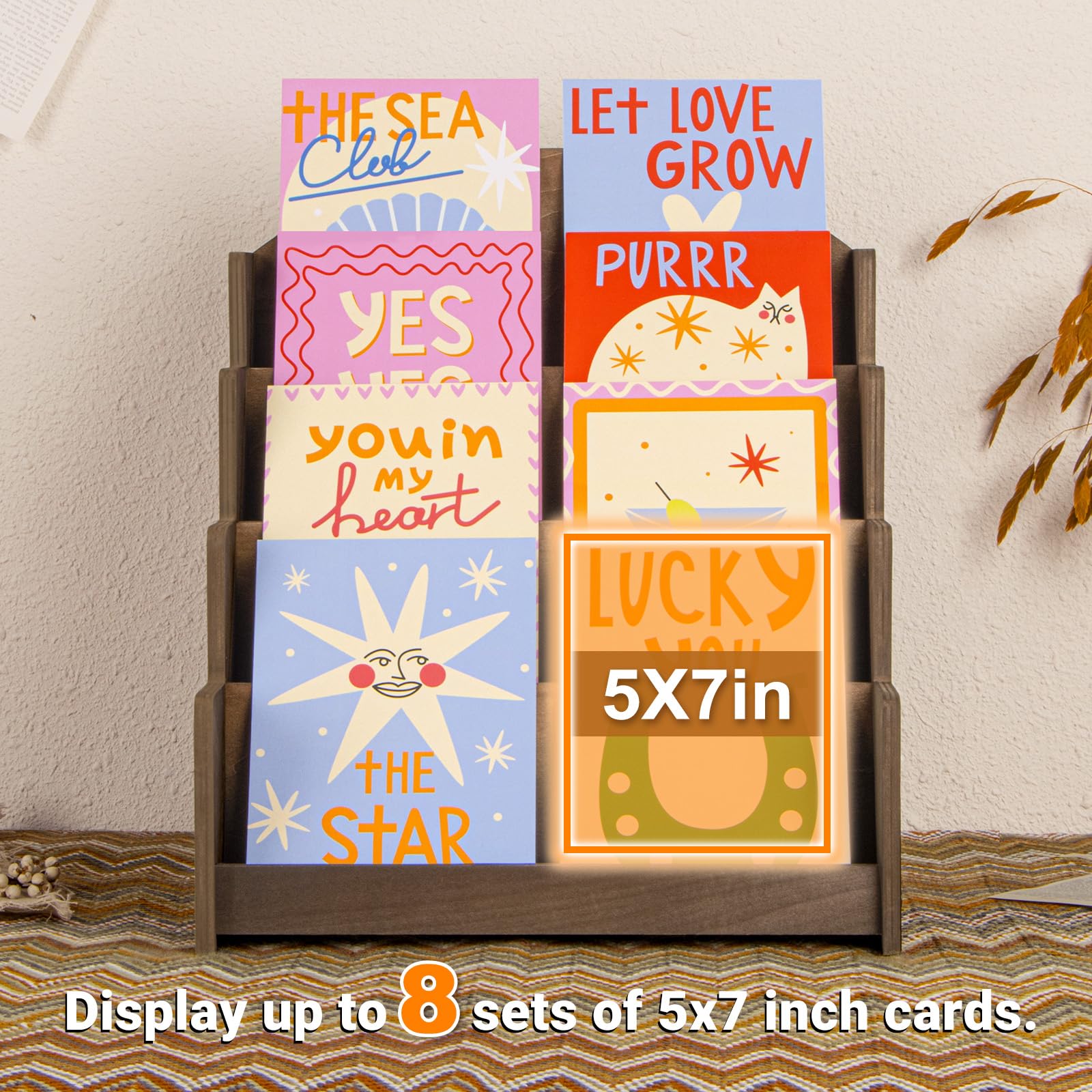 Greeting Card Display Stand, Wooden 4-Tier Postcard Display Stand Holder for Sticker, Vendors, Retail Stores, Brown