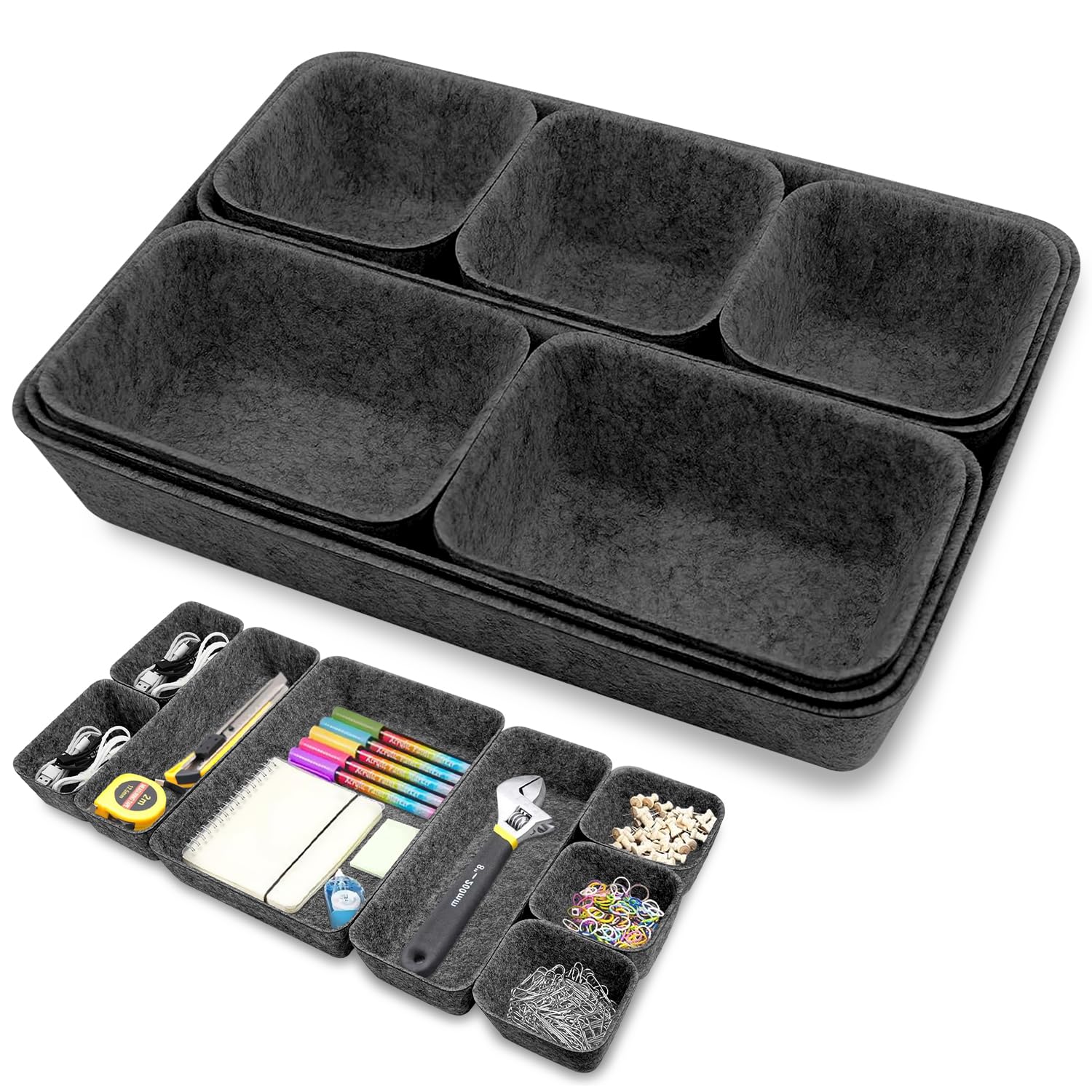 Pack of 8 Felt Drawer Organiser,Stackable Felt Storage Boxes,felt organizers,Drawer Organiser System,Dressing Table Organiser,drawer dividers for Desk,Bedside Table,Cupboard (Dark Grey)