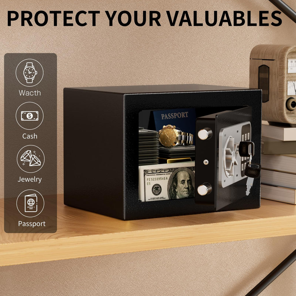 KABISAFE Safe Box 0.3 Cubic Feet, Small Safe with Digital Keypad and Key, Anti Theft Safe for Jewelry Watch Cash, Personal Money Safe for Home (Black)