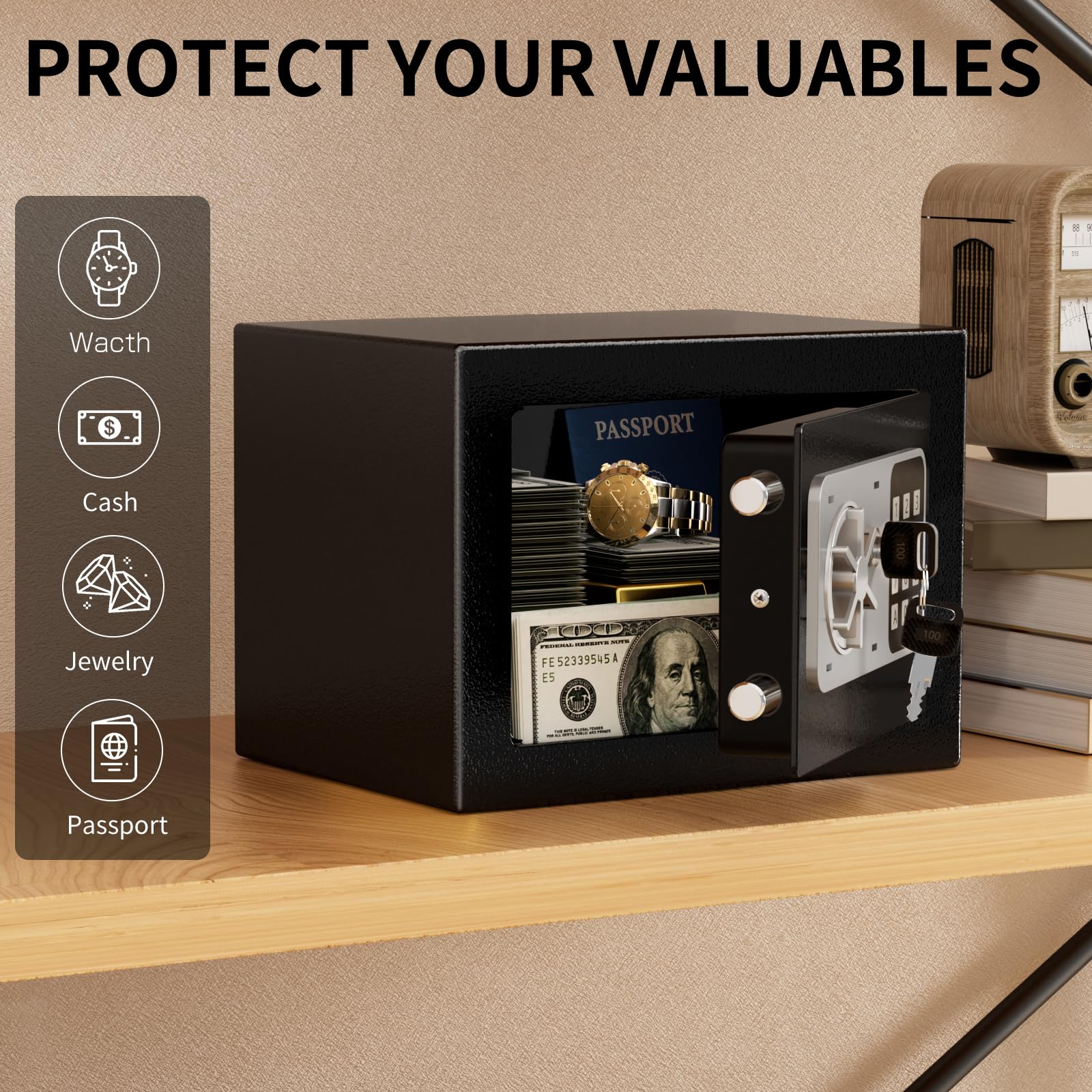 KABISAFE Safe Box 0.3 Cubic Feet, Small Safe with Digital Keypad and Key, Anti Theft Safe for Jewelry Watch Cash, Personal Money Safe for Home (Black)
