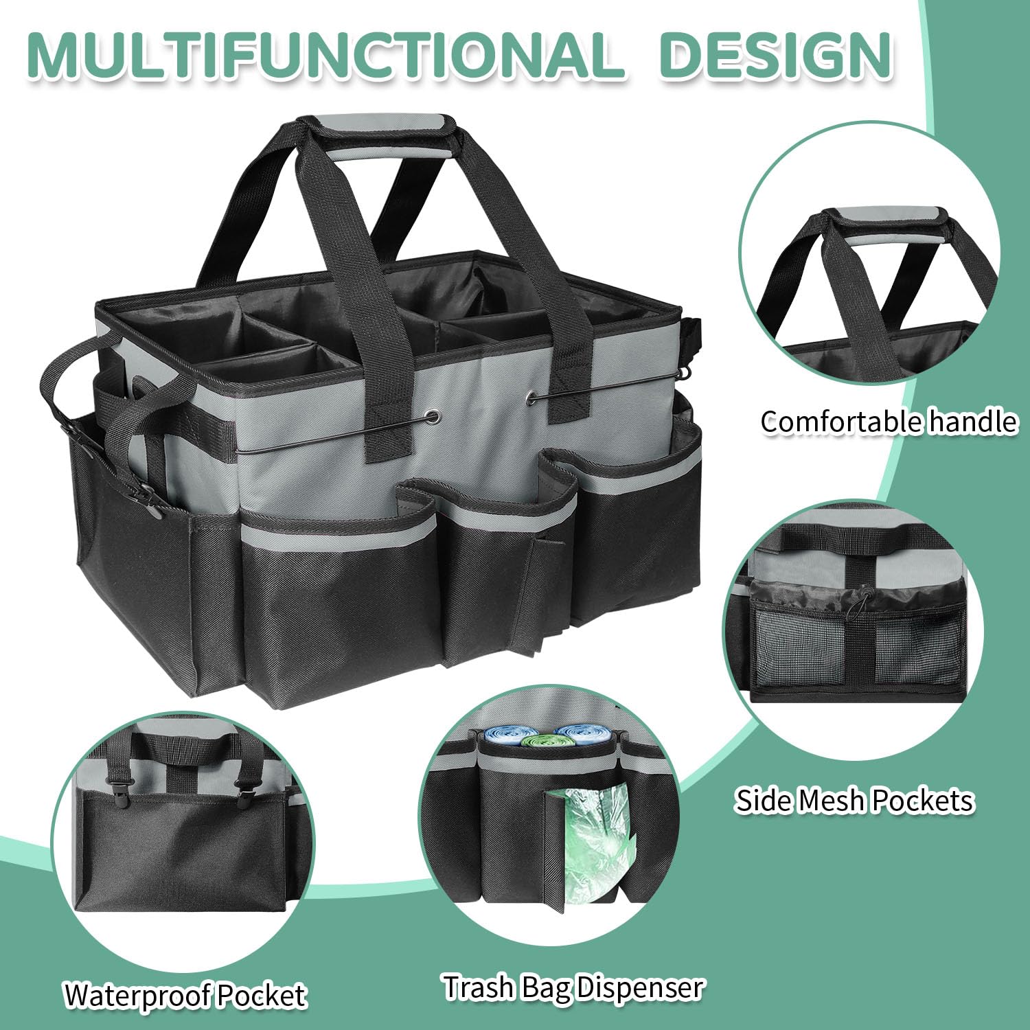 Boczif Cleaning Caddy Bag Wearable, Supplies Organizer with Handle, Shoulder Straps & Detachable Divide, Tool Organizers Tote for Cleaners & Housekeepers (Grey)