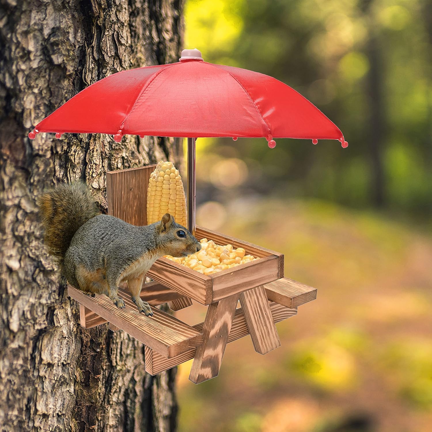 Squirrel Feeder Picnic Table with Umbrella and Corn Cob Holder, New Premium Gift for Squirrel and Chipmunk Lovers, Outdoor Garden Ornaments for Chipmunk Wildlife Bird Animal Bench Feeder