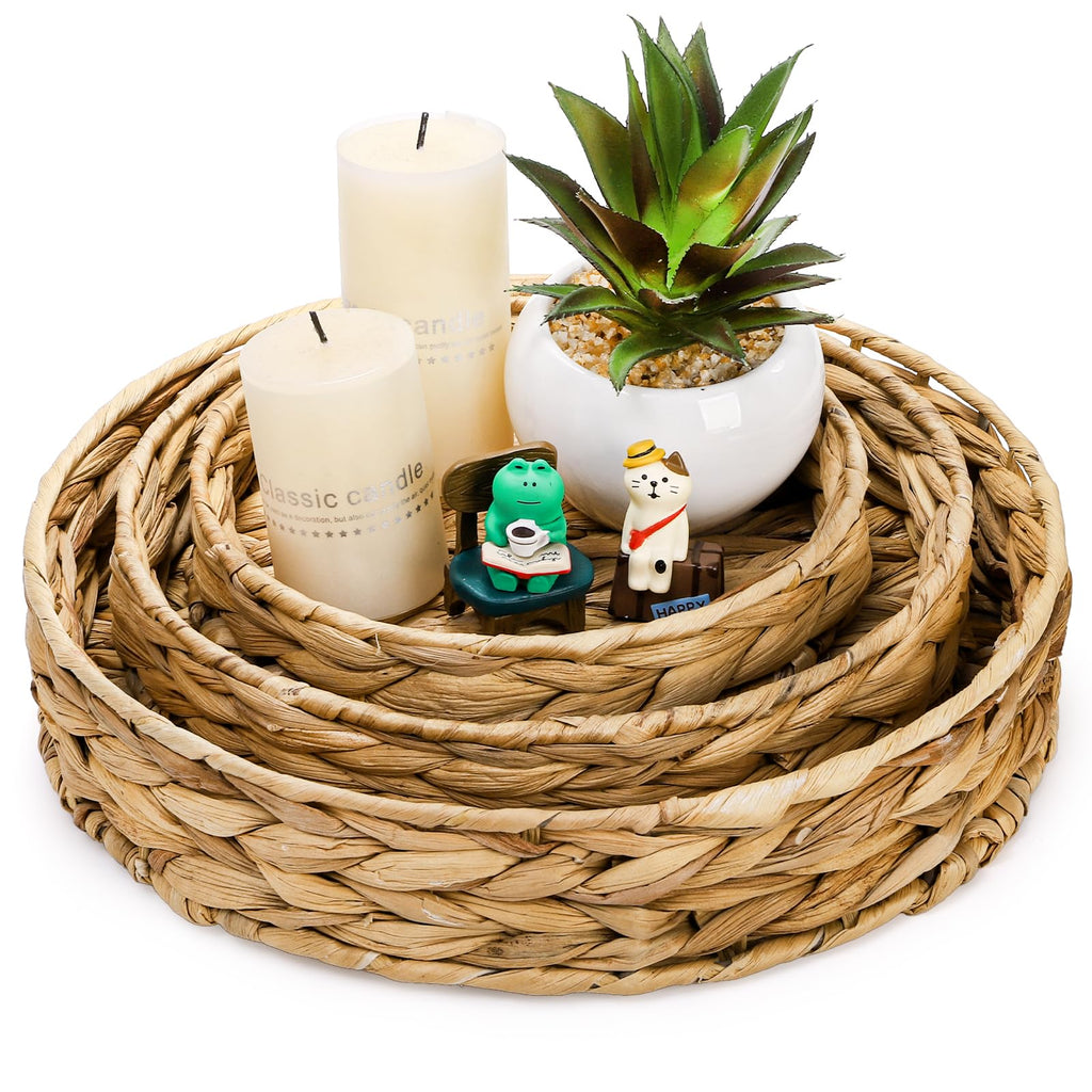 Cedilis Set of 3 Grass Round Fruit Basket, Hand Woven Coffee Table Tray, Decorative Storage Basket Tray for Decor Home, 11.8'', 10'', 7.8''