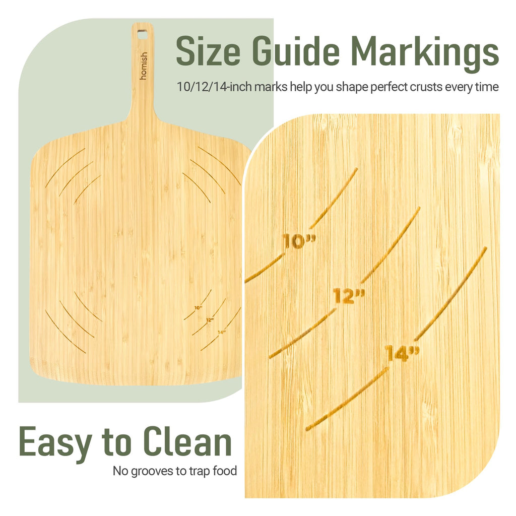 Homish Bamboo Pizza Peel with Size Markings – 10”,12”,14 inch Wood Pizza Paddle Turner with Easy-Grip Handle for Sliding in Oven | Non Stick Board for Homemade Baking,Serving, Cutting Bread & Pastries