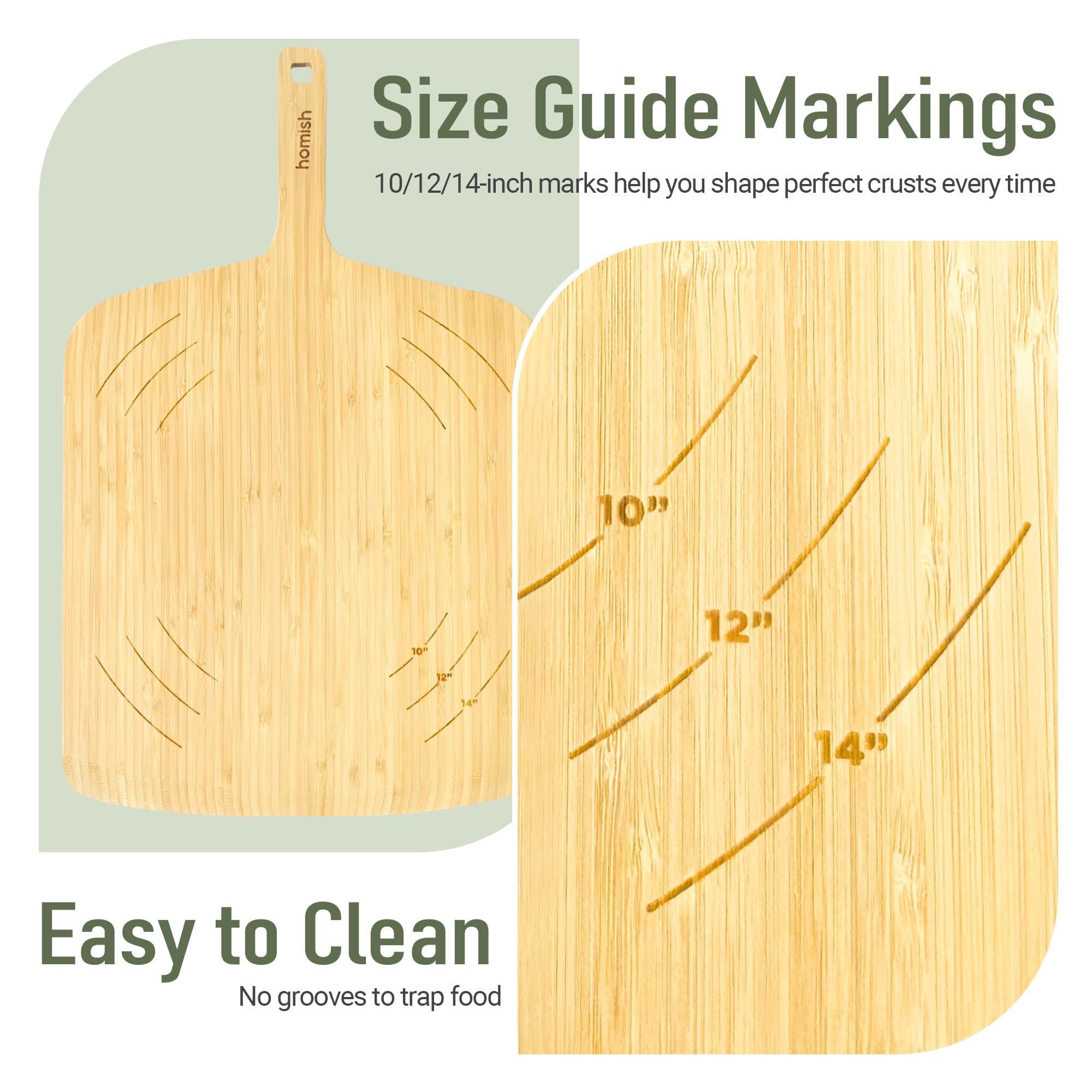 Homish Bamboo Pizza Peel with Size Markings – 10”,12”,14 inch Wood Pizza Paddle Turner with Easy-Grip Handle for Sliding in Oven | Non Stick Board for Homemade Baking,Serving, Cutting Bread & Pastries