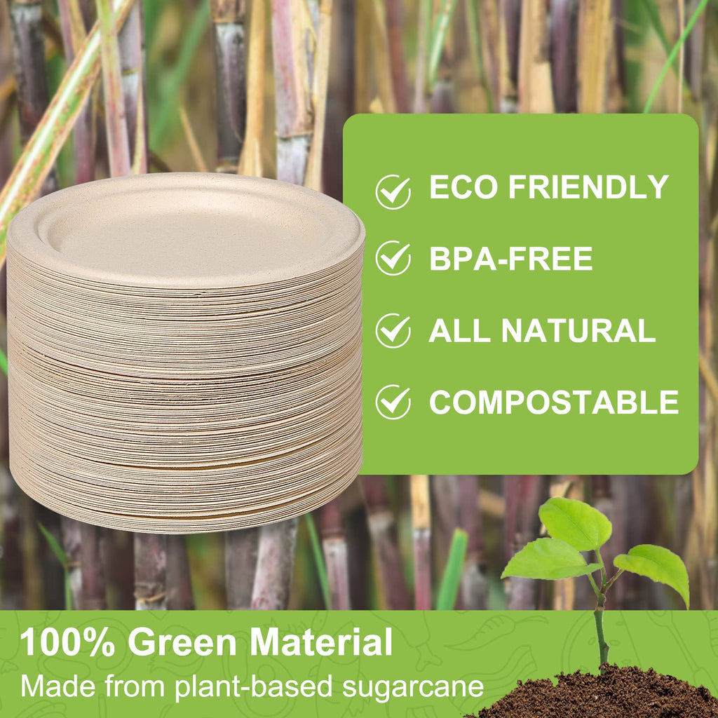 Paper Plates 10 inch, 100 Pack Paper Plates Bulk, 100% Compostable Plates Eco Friendly Disposable Plates, Large Paper Plates Heavy Duty, Brown Paper Plates