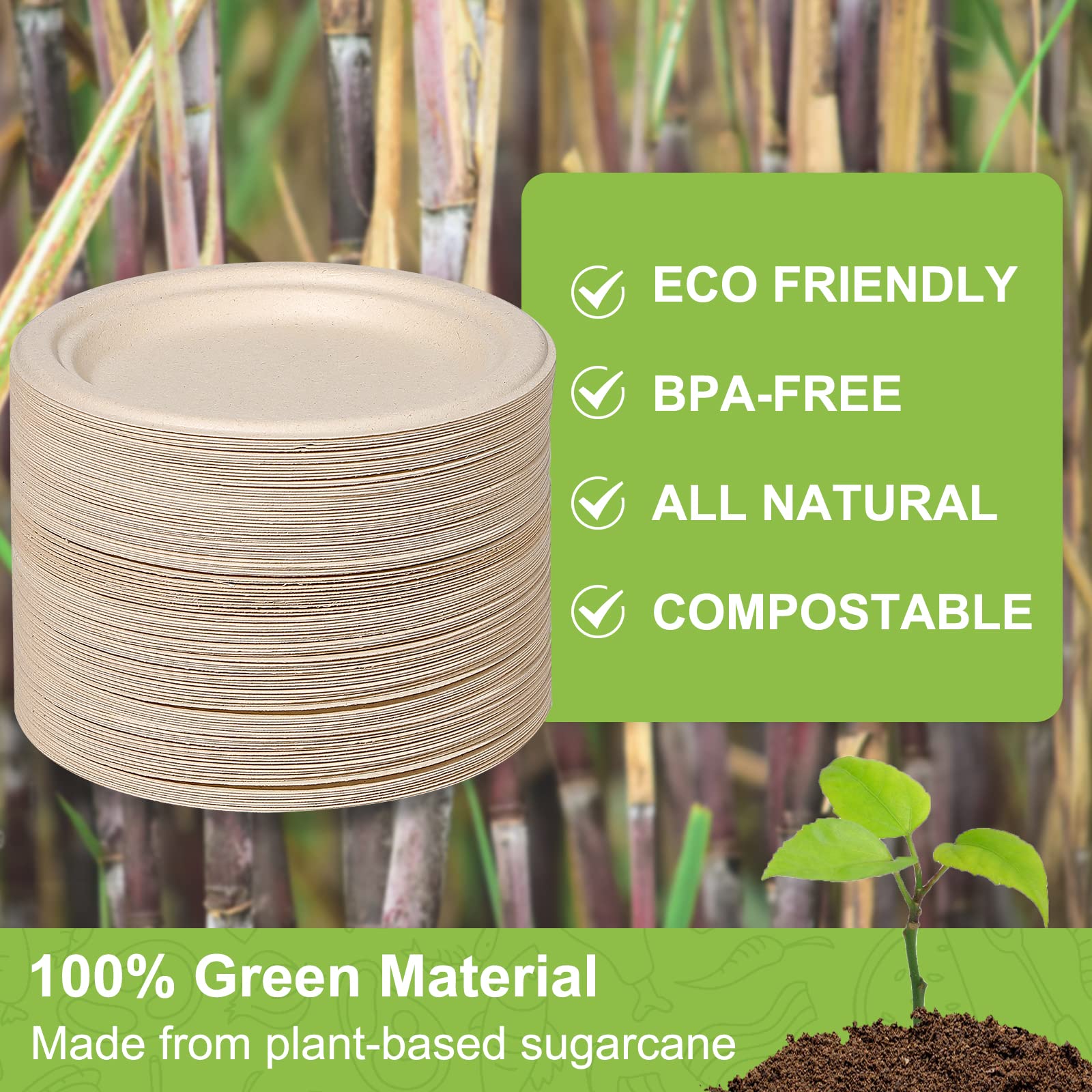 Paper Plates 10 inch, 100 Pack Paper Plates Bulk, 100% Compostable Plates Eco Friendly Disposable Plates, Large Paper Plates Heavy Duty, Brown Paper Plates