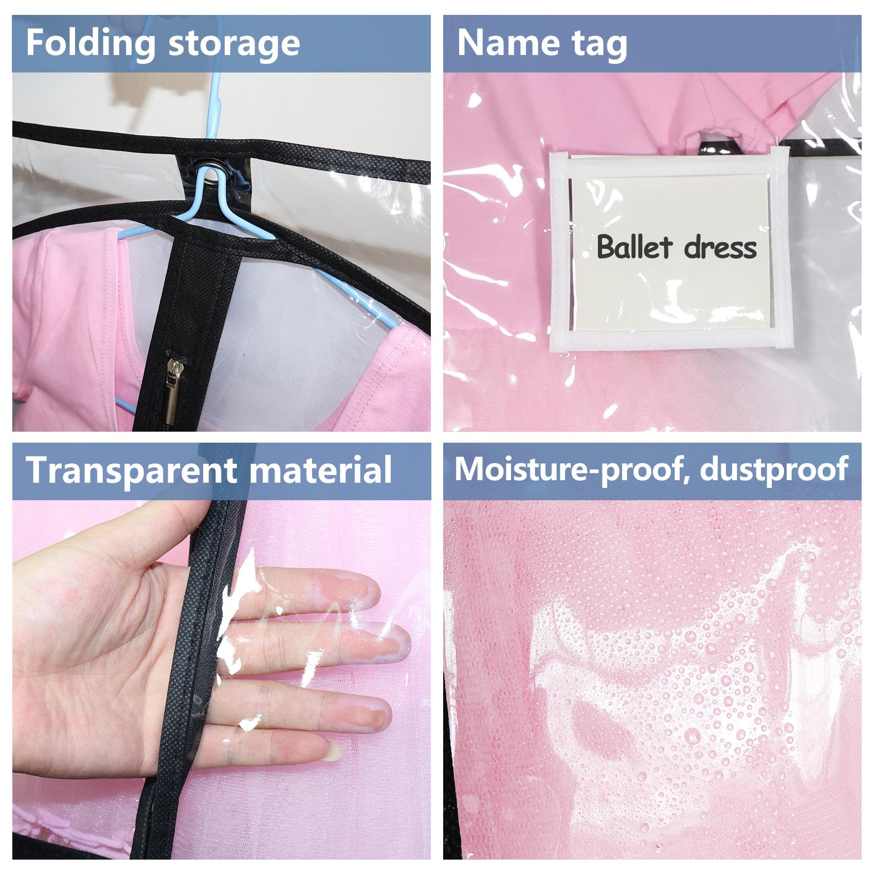 4 PCS Dance Garment Bags for Costumes,Clear Dance Costume Garment Bag,Foldable Waterproof Clothes Cover Protector with 3 Clear Zipper Pockets,Suit,Uniforms,Shirts, Dresses,Storage or Travel