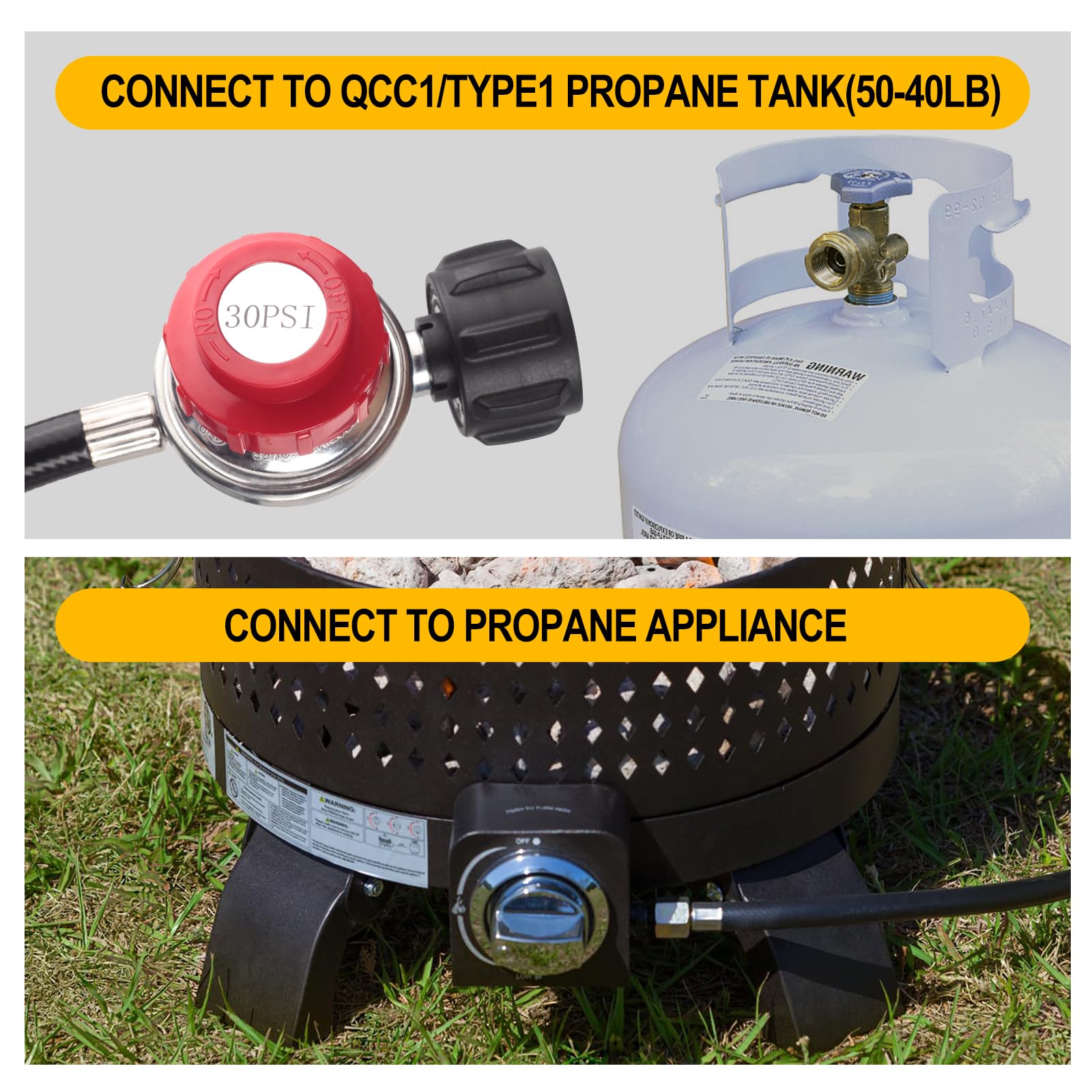 Onlyflame 12FT High Pressure 0-30 PSI Adjustable Propane Regulator and Hose - Grill Connector with Hose for Tabletop Grill, Fire Pit, Turkey Fryer and More