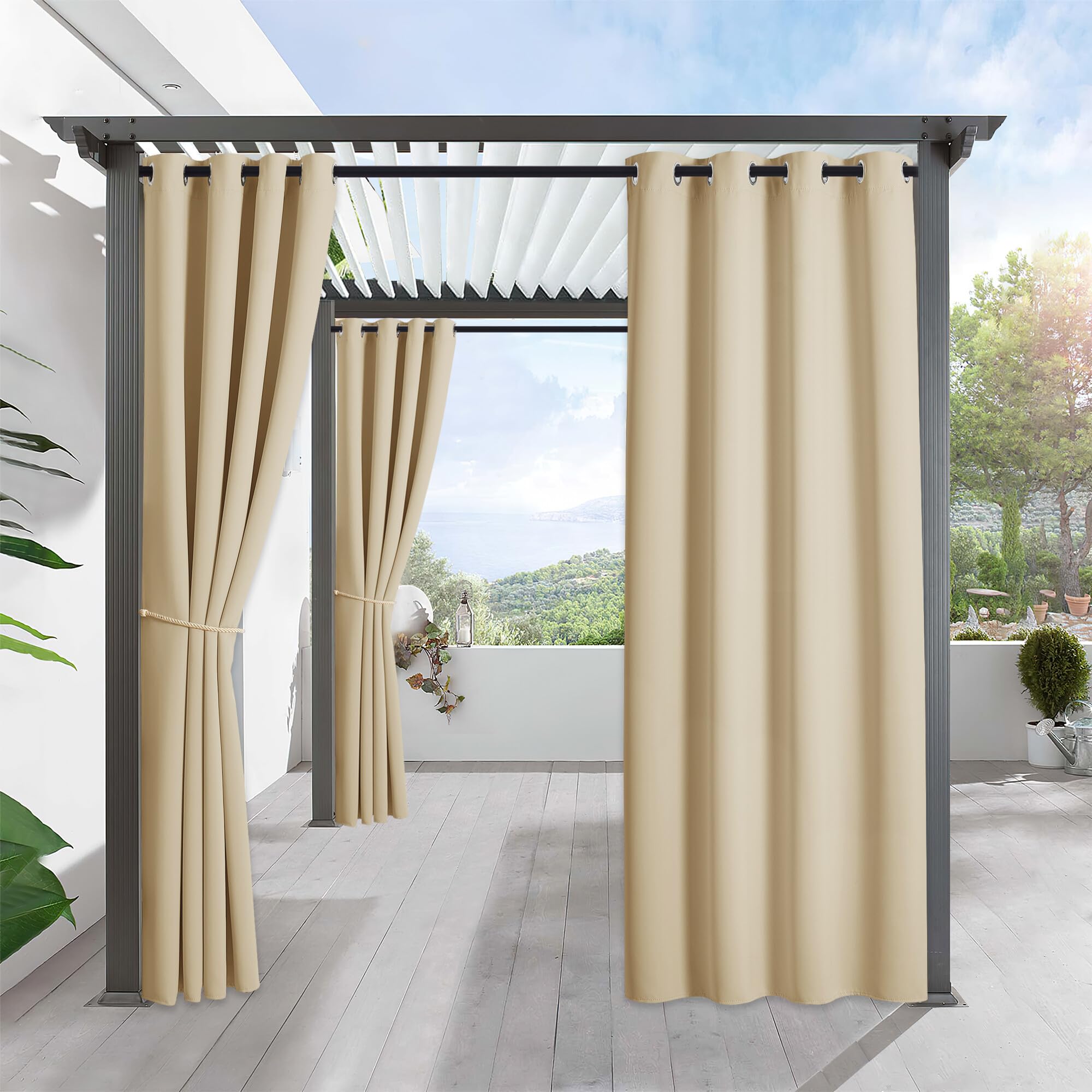 RYB HOME Outdoor Patio Curtain - Pergola Drape Indoor Outdoor Waterproof Curtains, Grommet Drape Blackout for Pavilion Gazebo Porch Door, 1 Panel, 52 inches Wide x 84 inches Long, Biscotti Beige