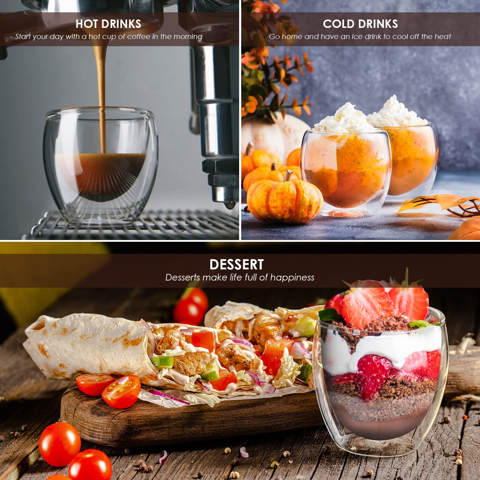 Set of 4 Cappuccino Glass Mugs,Double Wall Insulated Coffee Mugs,Clear Glass Mugs,Glass Coffee Cups,Perfect for Latte, Americano, Espresso,Cappuccinos,Tea, Beverage(250ml)