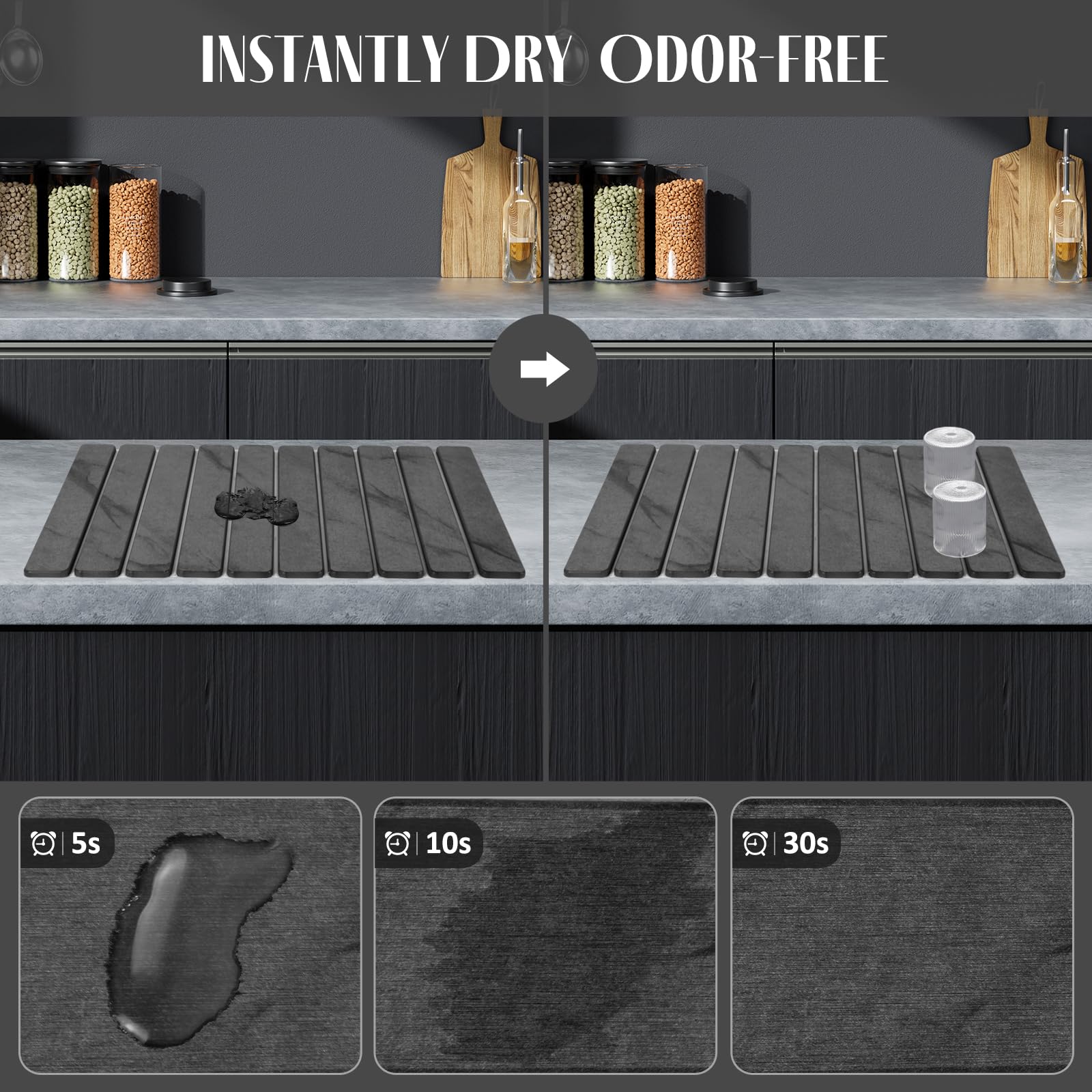 2 PCS Large Stone Dish Drying Mats for Kitchen Counter, 61"(L)×41"(W) Marble Pattern Dish Drying Mat with 20"x 10" Coasters, Collapsible Quick-Dry Diatomite Drying Mat for Dishes, Bottles & Cups
