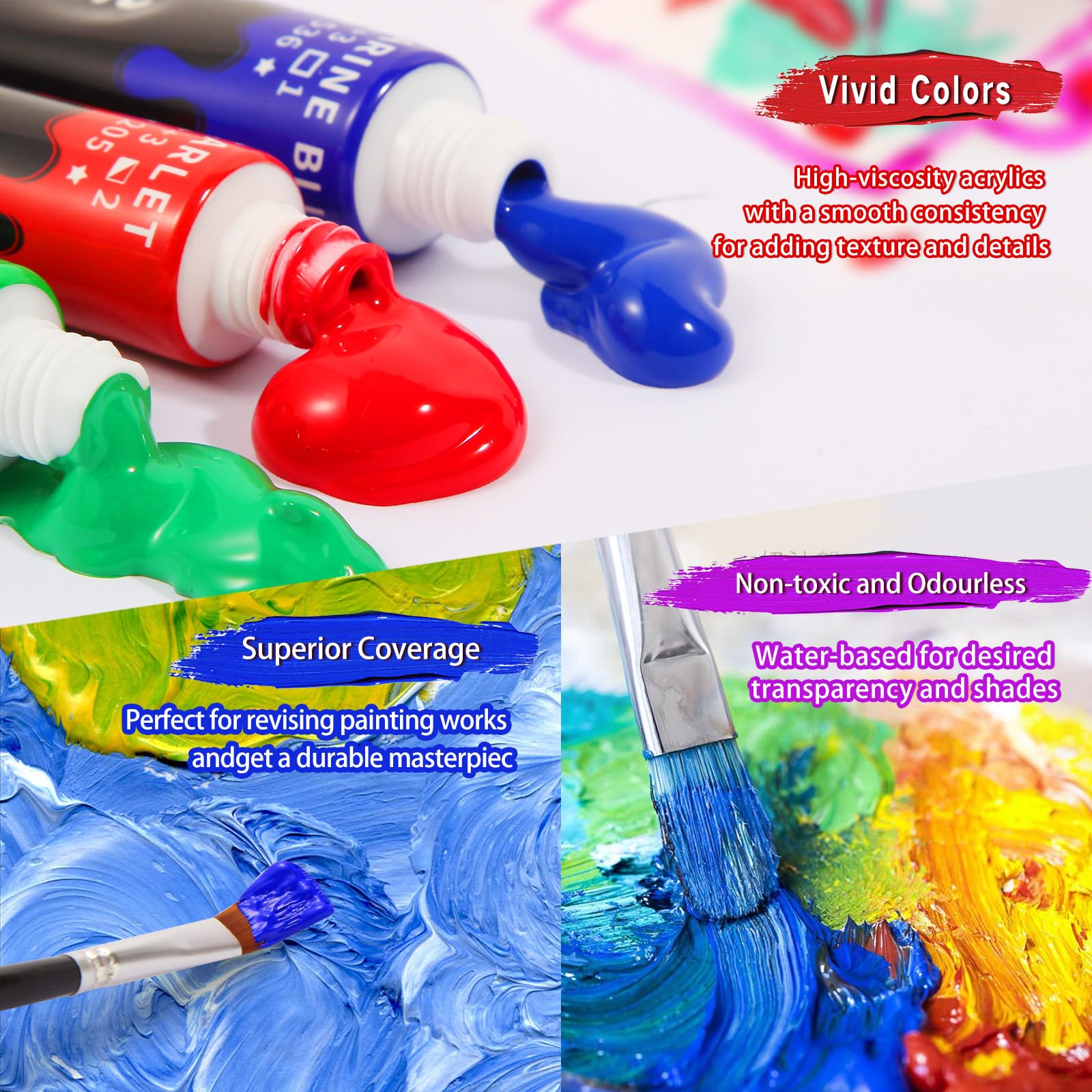 Kebuye Acrylic Art Paint Set, 24 Colours(12ml) Acrylic Paint Kits Creamy Texture Non-toxic, Art Craft Paints for Canvas Painting, Rock,Stone,Wood,Fabric,Crafts,with 6 Brushes 2 Canvas 1 Palette