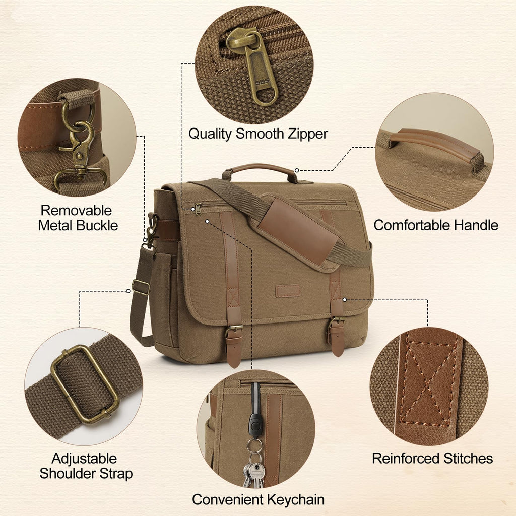 NUBILY Messenger Bag Men 15.6 Inch Laptop Bag Vintage Canvas Briefcase Retro Work Computer Bag Large Shoulder Bag Water Resistant Cross-Body Satchel Bag For Business Office College Travel，Brown
