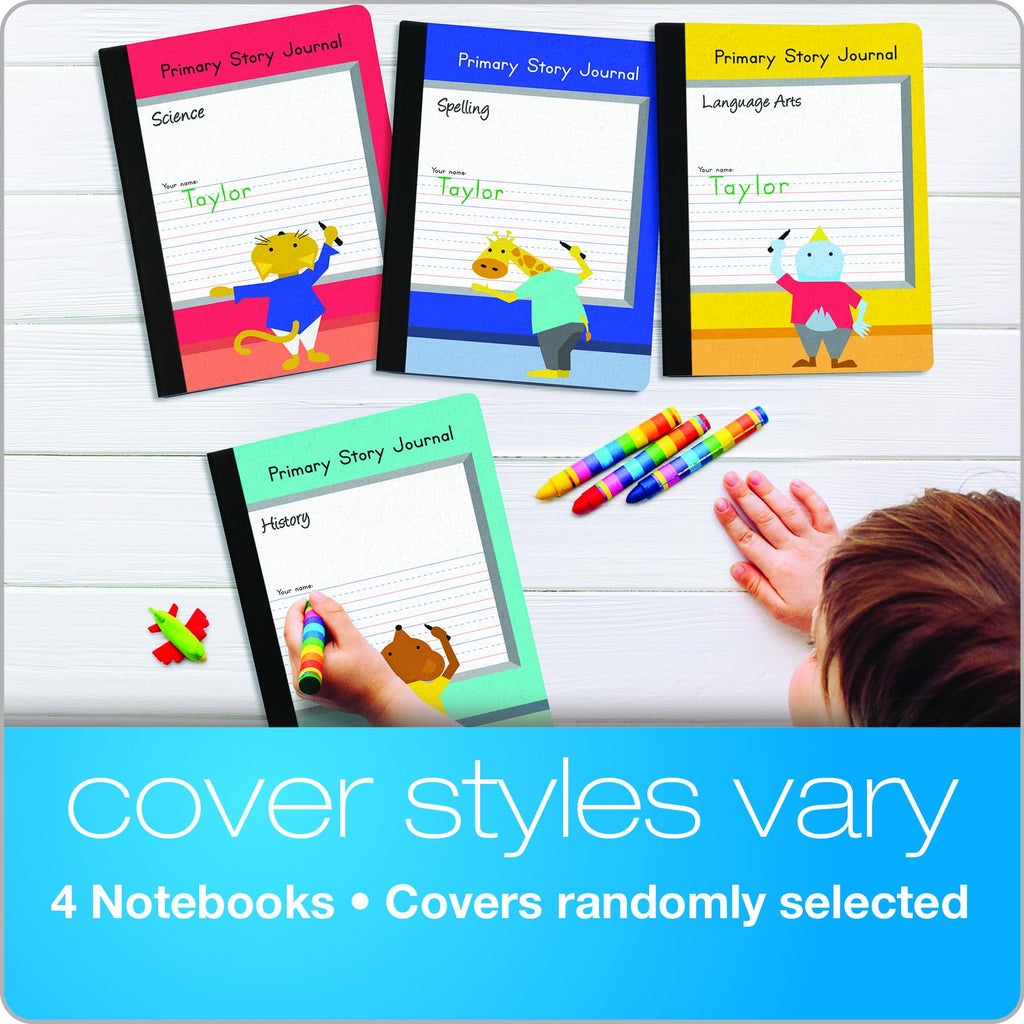 Oxford Primary Composition Notebooks for School, Kids Handwriting & Drawing Story Journals, Primary Ruled with Dotted Midline, Grades K-2, 9-3/4" x 7-1/2", 100 Sheets, 4 Pack, Assorted Covers