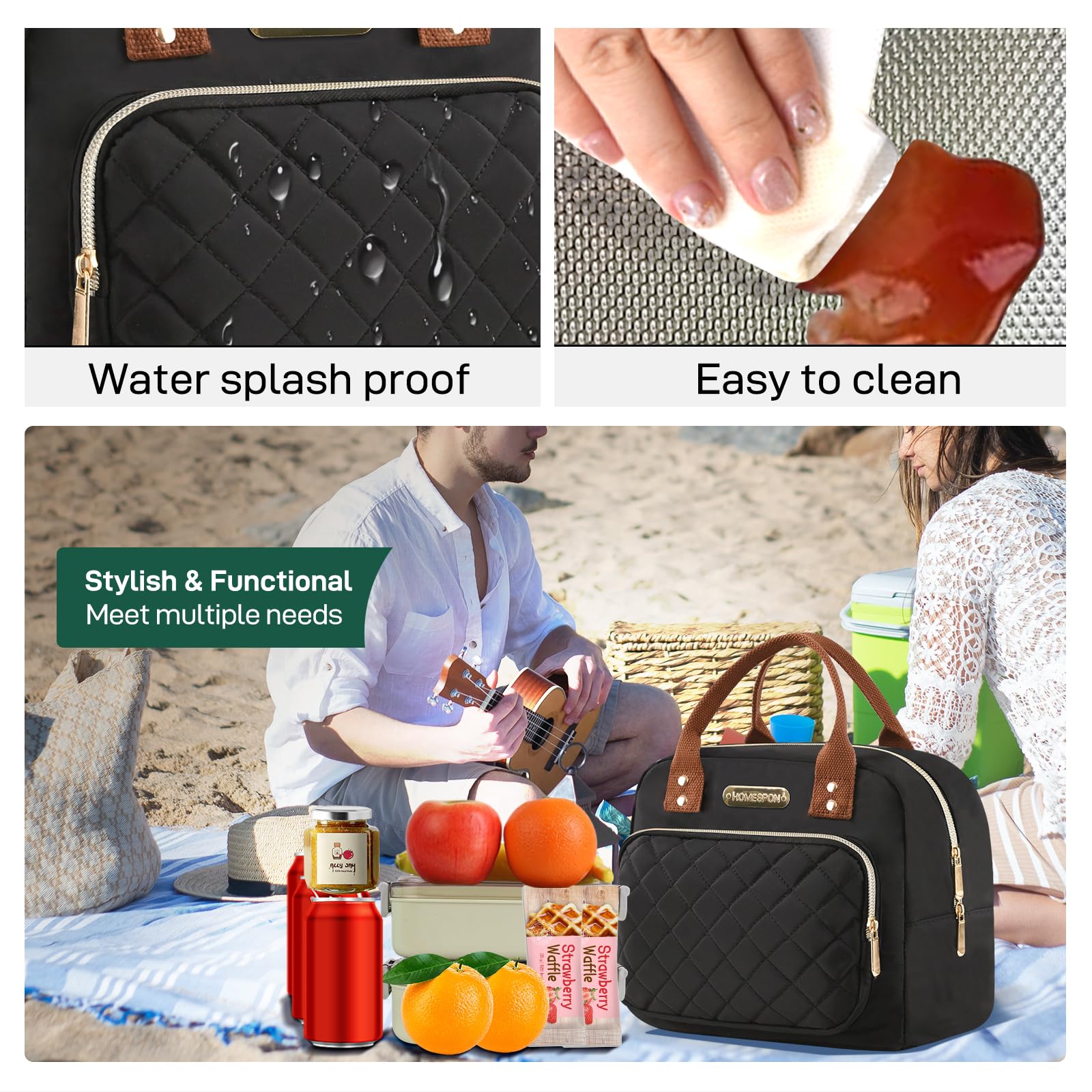 HOMESPON Lunch Bag for Woman Man Adults with Front Pocket Insulated Lunch Tote Lunch Box Container for Work Picnic or Travel(Golden Black)