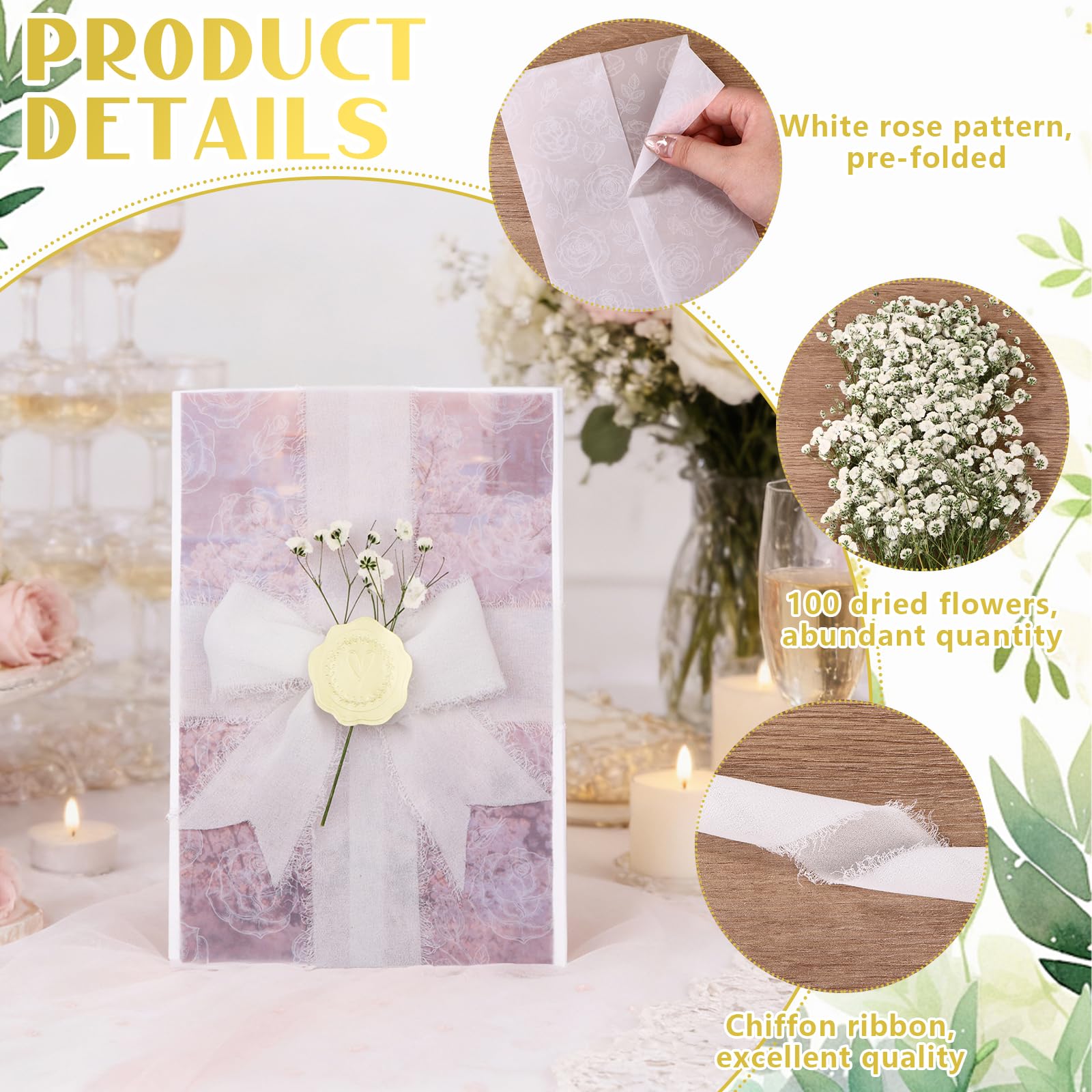 50 Sets Wedding Invitations Wraps Include 5 x 7 Pre Folded Vellum Jackets White Rose-Printed Transparent Paper Envelope Dried Baby's Breath Flowers Gold Foil Heart Stickers Chiffon Ribbons for Wedding