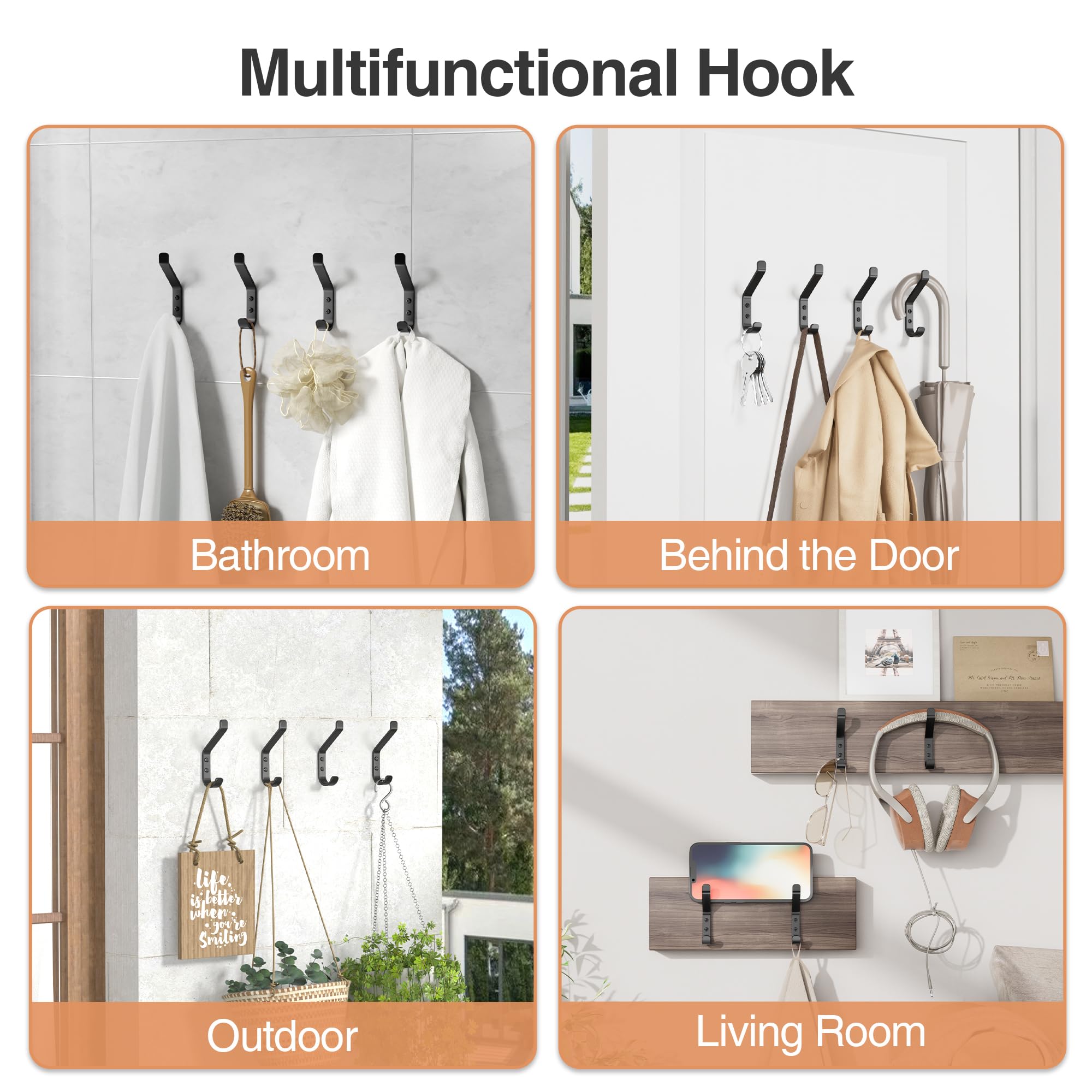 susswiff 20-Pack Wall Hook for Hanging Coat - 20LB (Max), Stainless Hooks for Towel, Hat, Backpack, Clothes, Wall Mounted Coat Hanger for Closet, Metal, Black