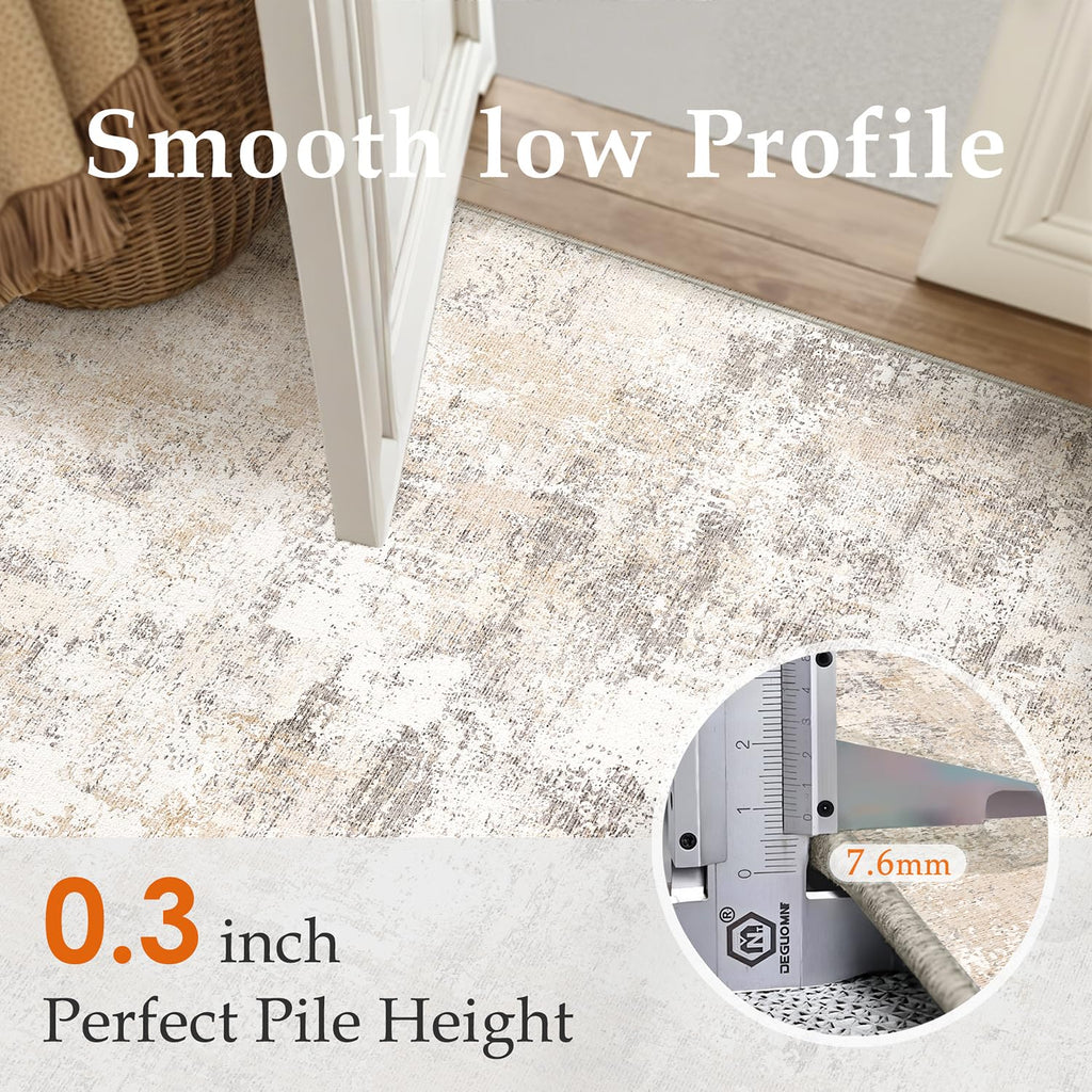 WondRg 2x6 Washable Runner Rug for Kitchen Hallway Non-Slip Beige Grey Neutral Carpet Low Pile Soft Thin Area Rug Abstract Modern Vacuumable Lightweight Runner for Entryway Bedroom Bedside Indoor