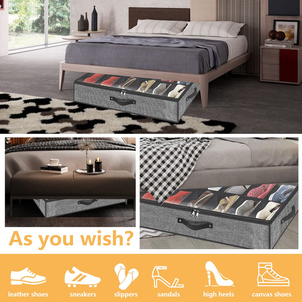 Under Bed Shoe Storage Organizer for Closet Fits 24 Pairs-Sturdy Underbed Shoe Containers Box Bedding Storage Organizador De Zapatos with Clear Cover,Set of 2, 29.3 x 23.6 x 5.9inch(Linen-like Black)