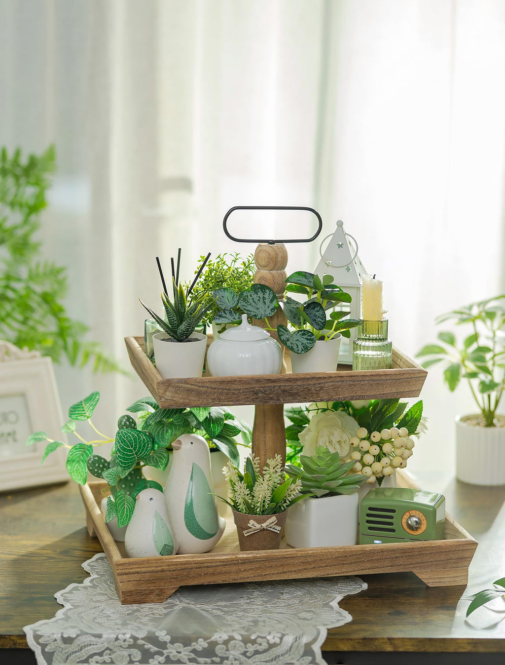 Hanobe Farmhouse Tiered Tray Stand: 2 Tier Easter Serving Trays - Coffee Table Decor Two Rectangle Wood for Kitchen Counter