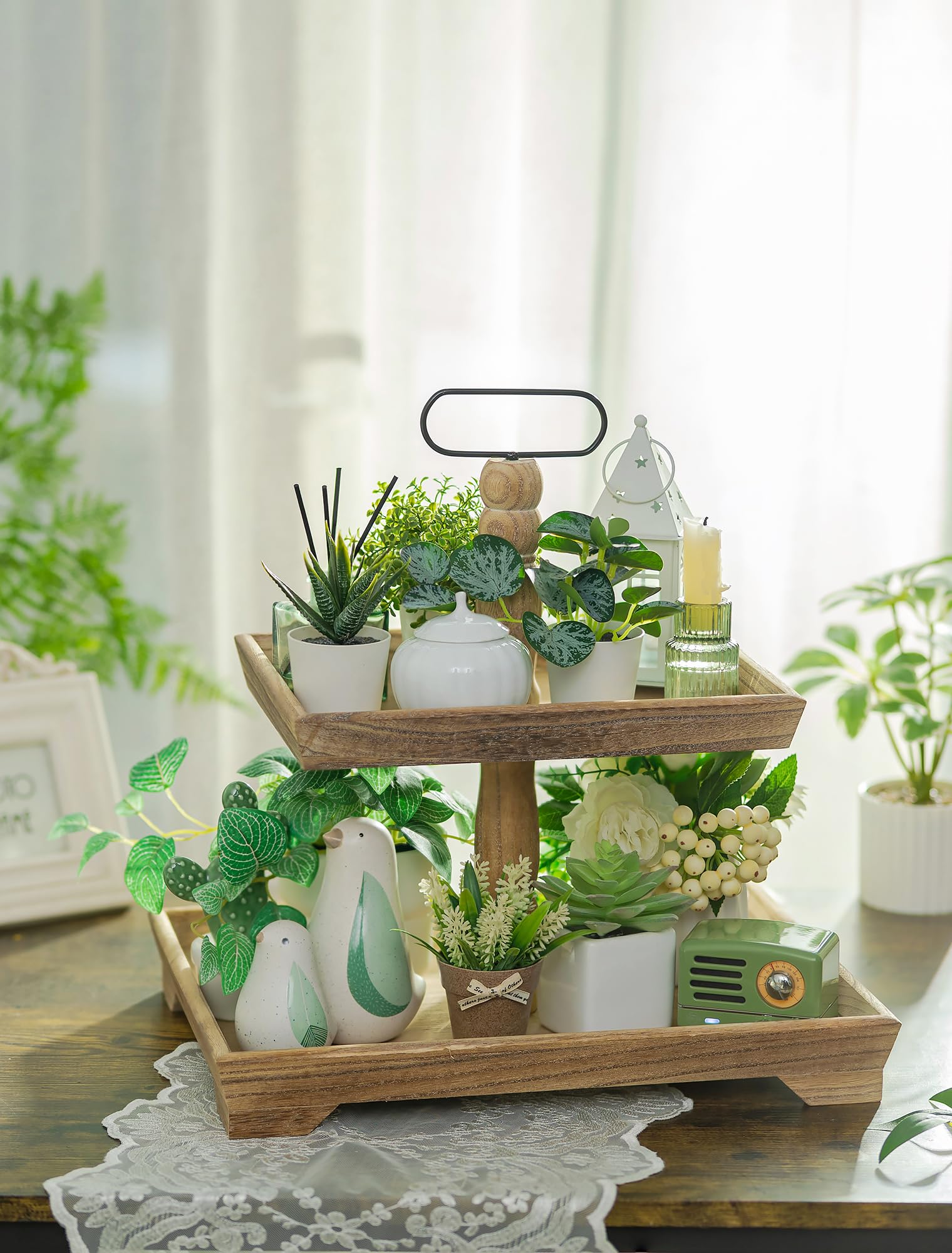 Hanobe Farmhouse Tiered Tray Stand: 2 Tier Easter Serving Trays - Coffee Table Decor Two Rectangle Wood for Kitchen Counter